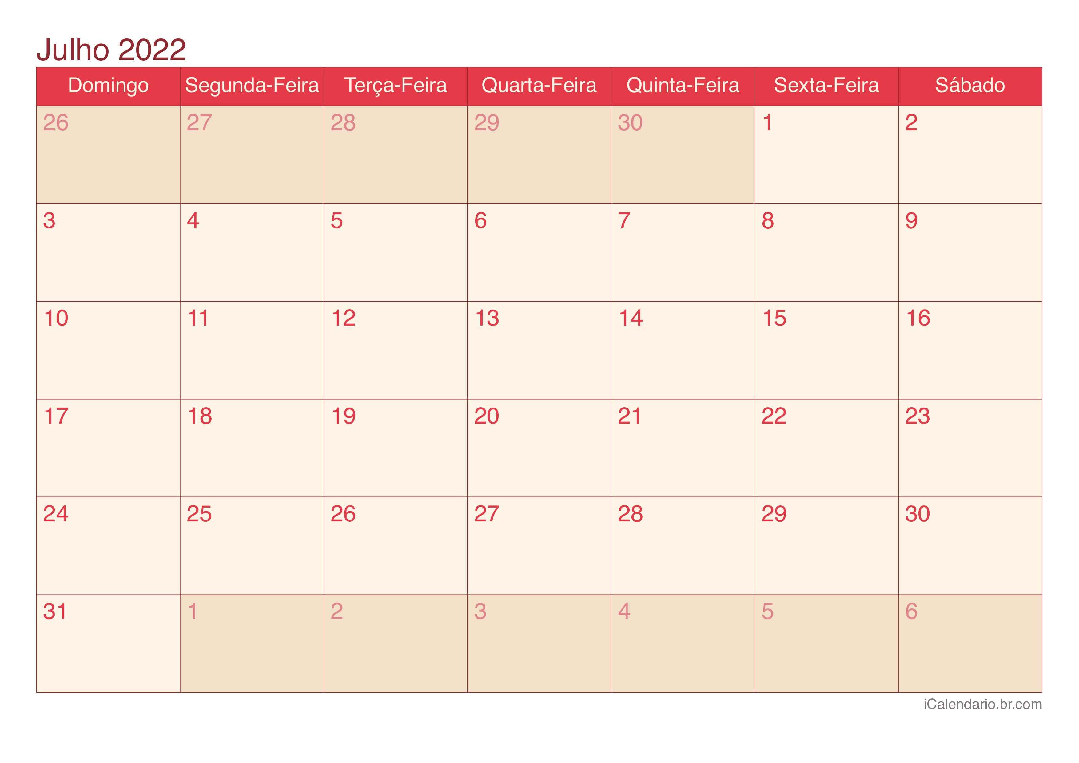 Calendário de julho 2022 - Cherry