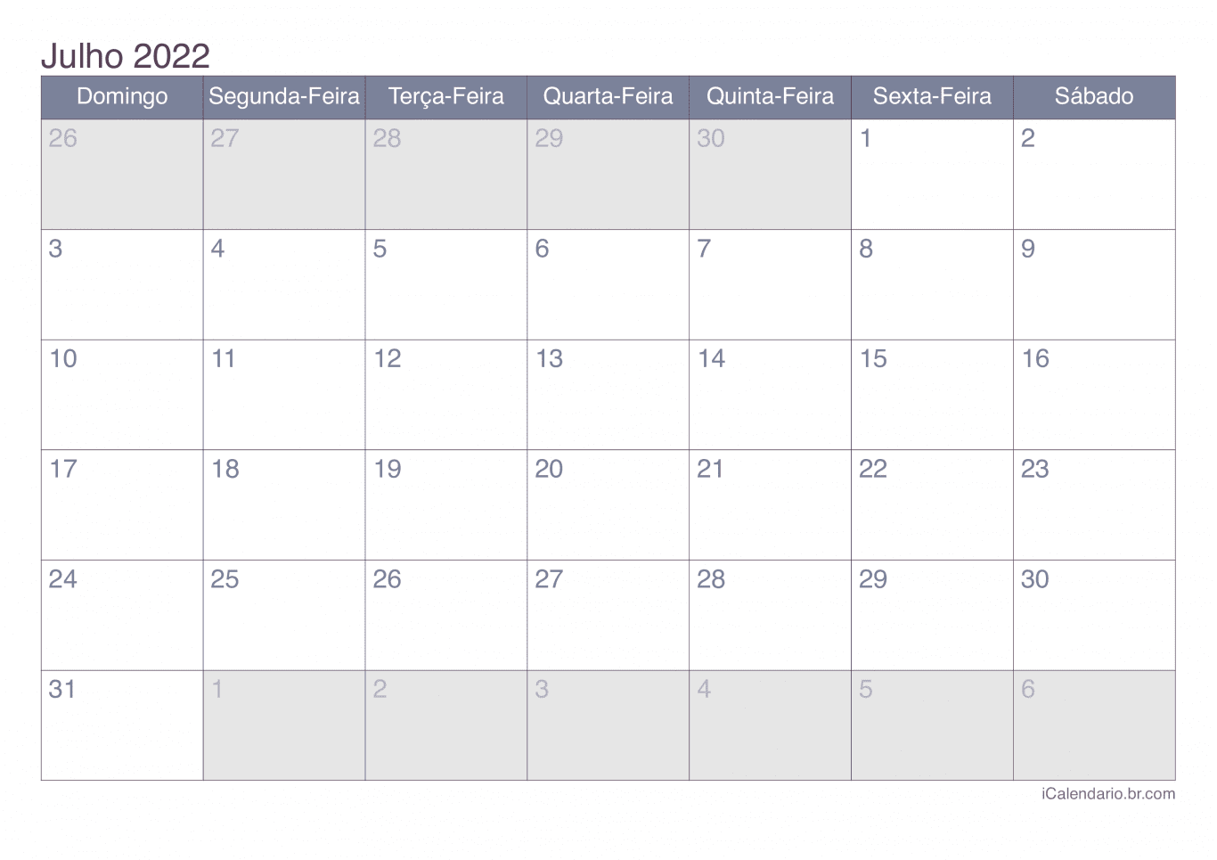 Calendário de julho 2022 - Office