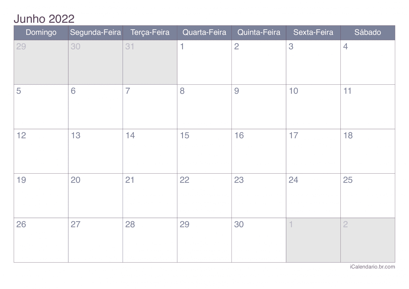 Calendário de junho 2022 - Office