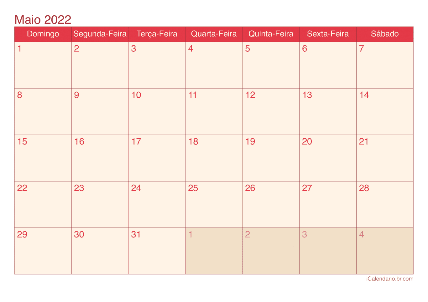 Calendário de maio 2022 - Cherry