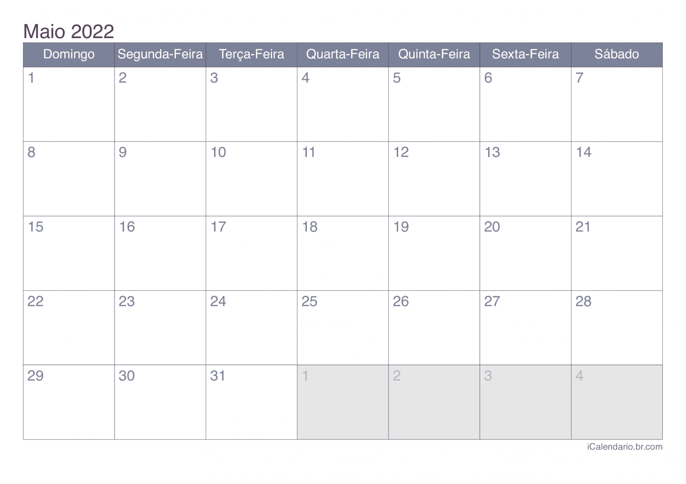 Calendário de maio 2022 - Office