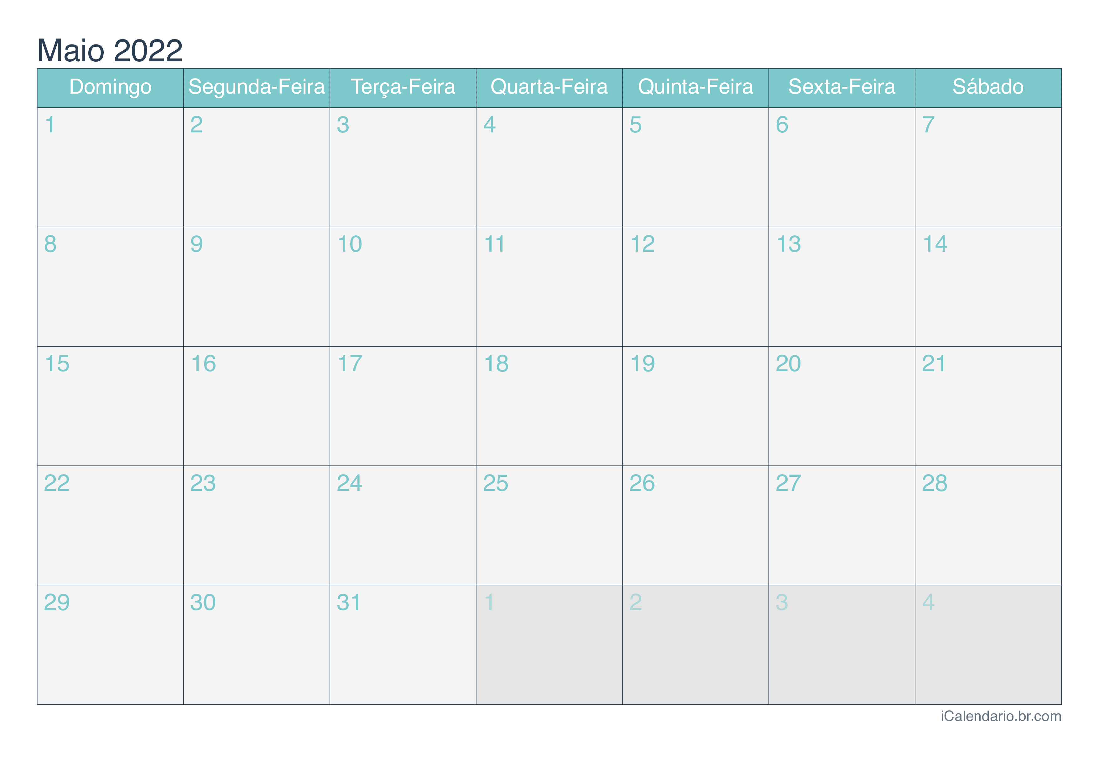 Calendário de maio 2022 - Turquesa
