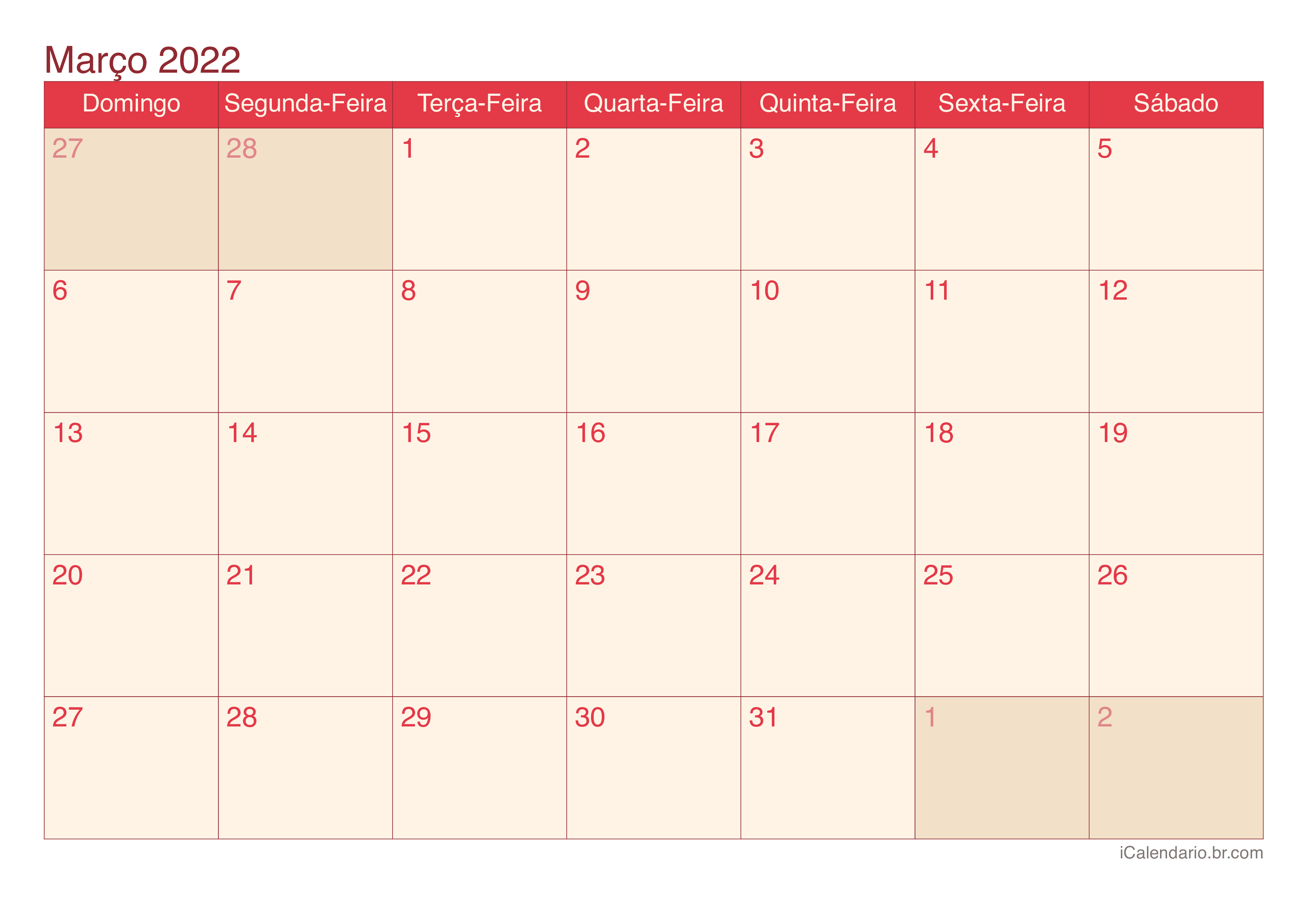 Calendário de março 2022 - Cherry