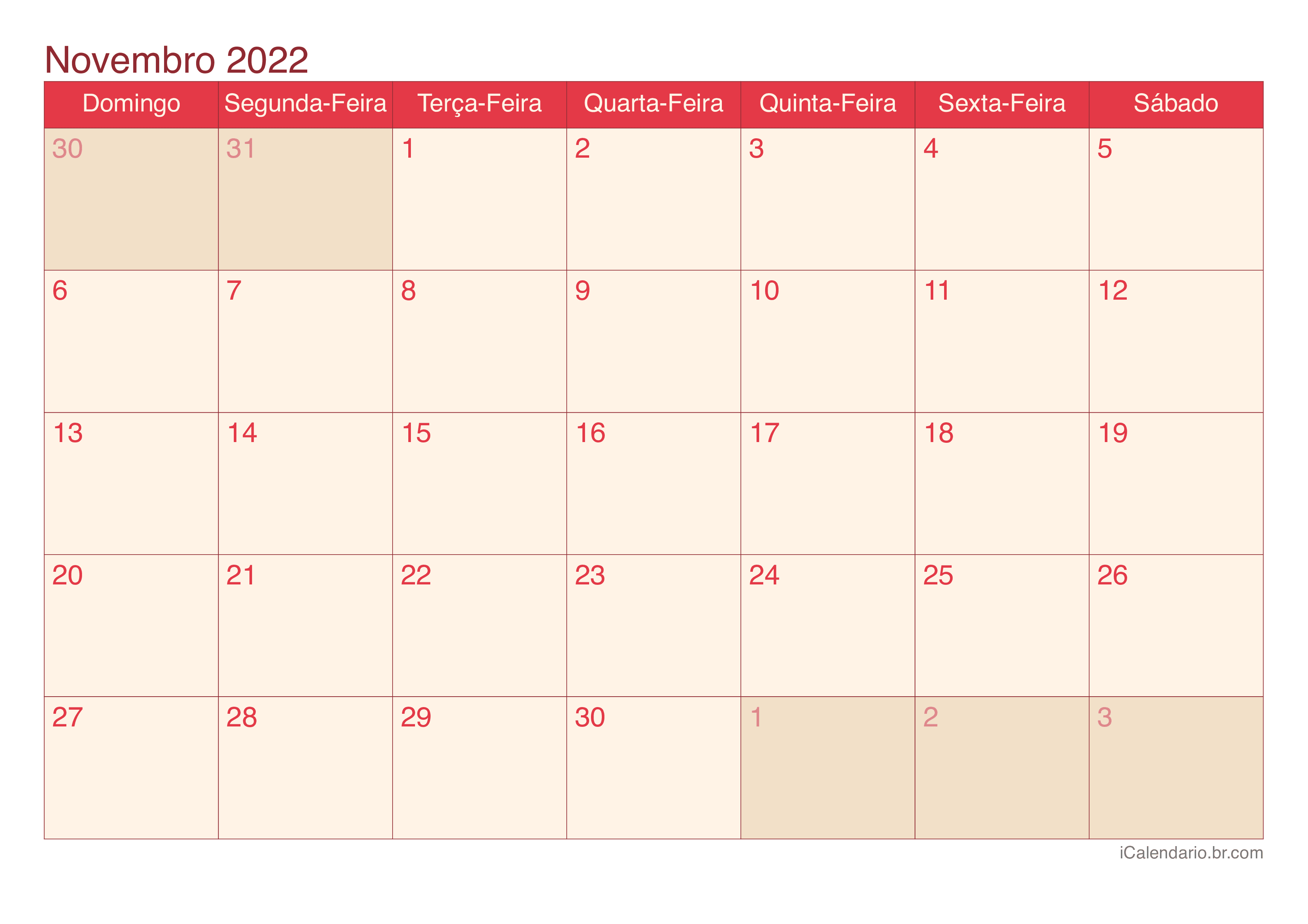 Calendário de novembro 2022 - Cherry