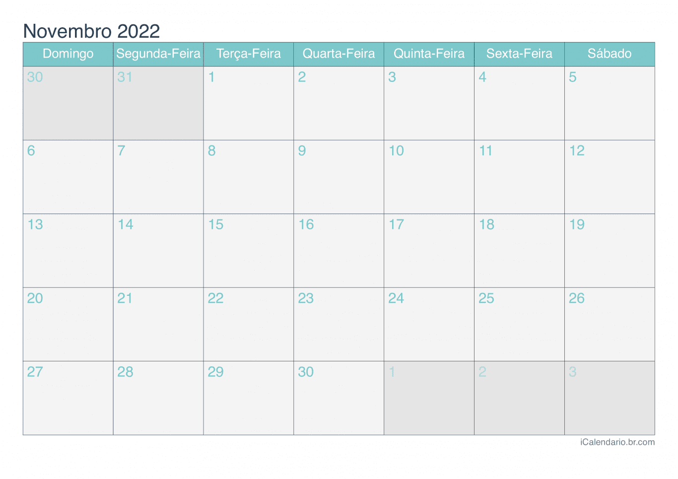 Calendário de novembro 2022 - Turquesa