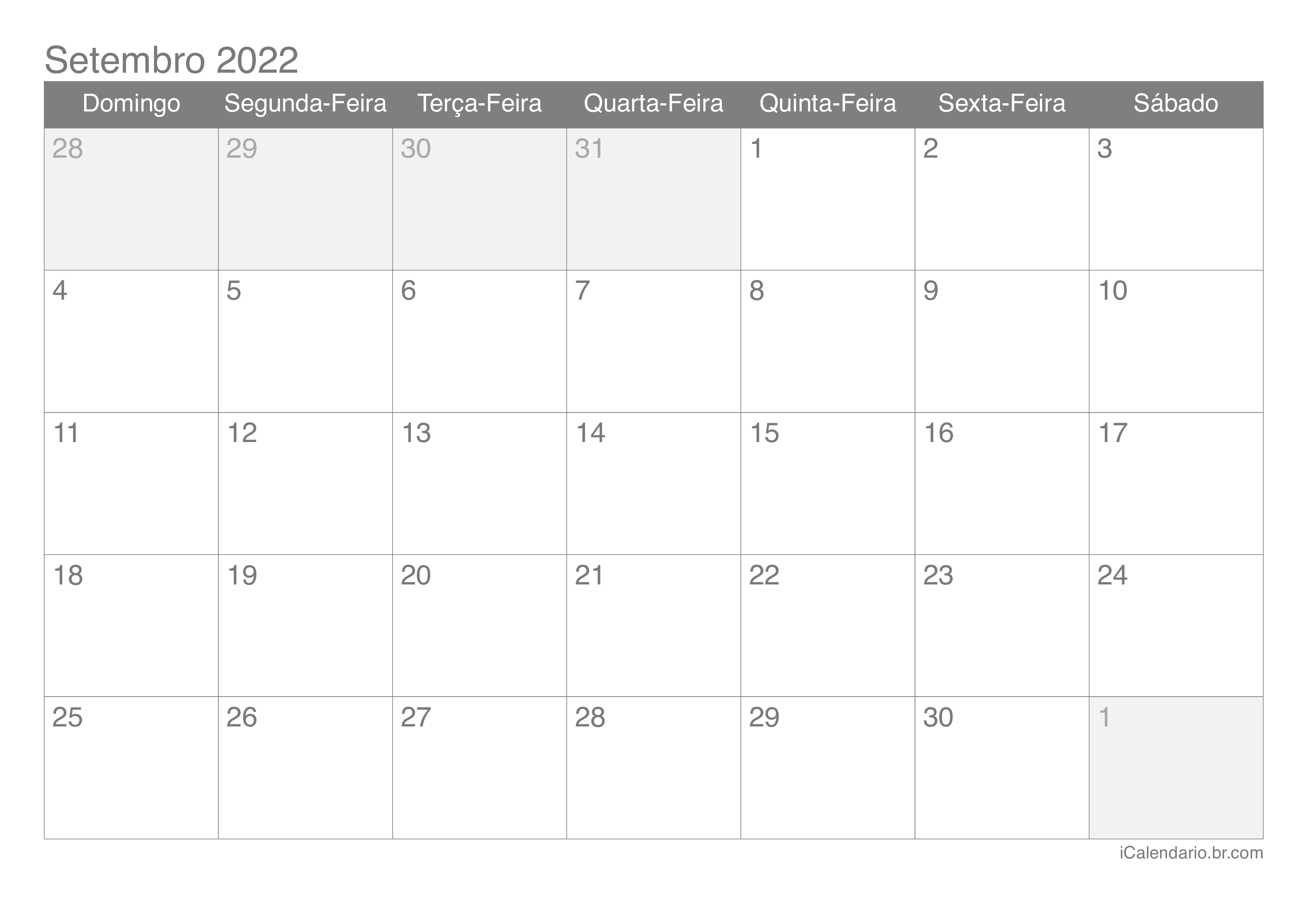 Calendário de setembro 2022