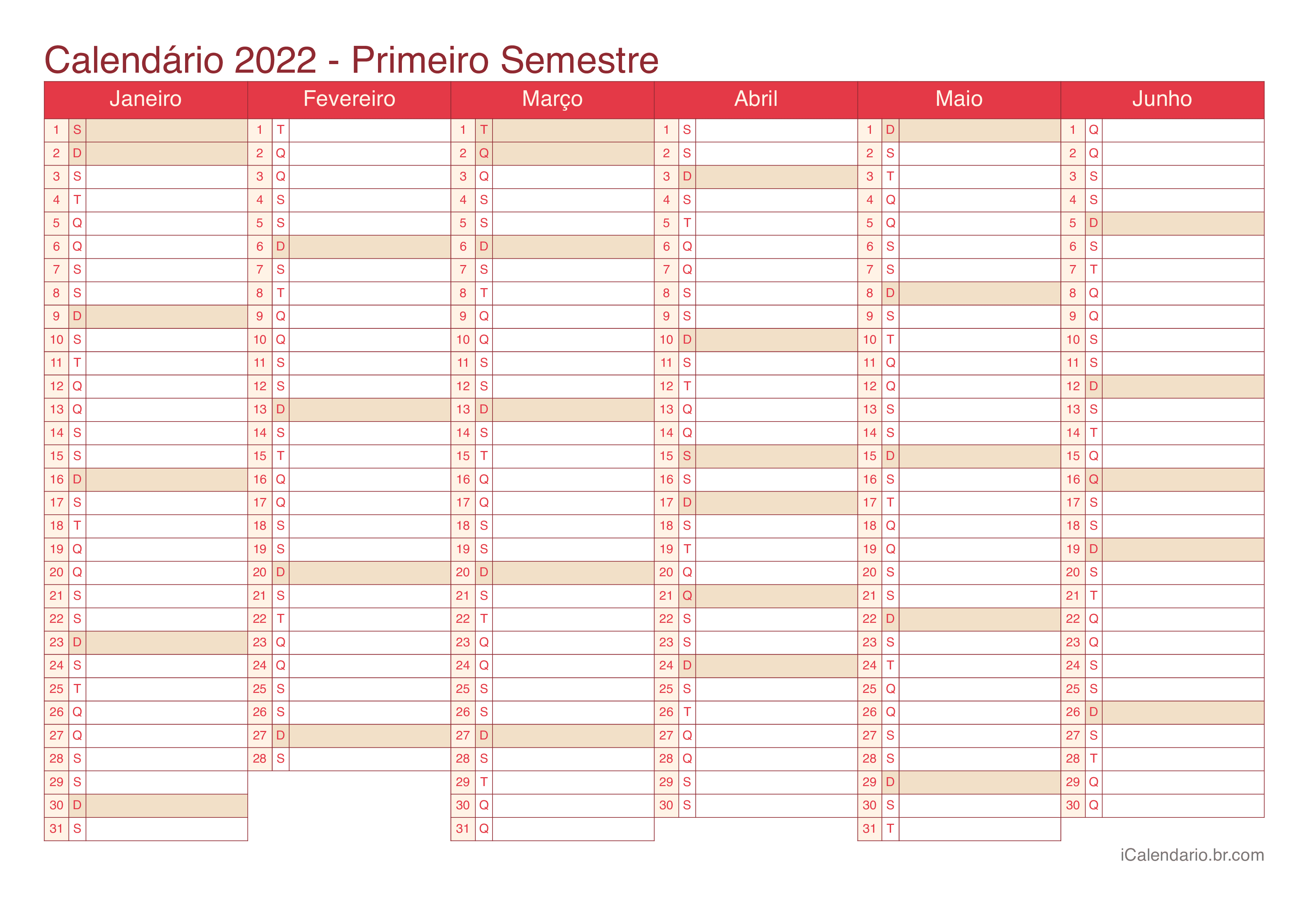 Calendário por semestre 2022 - Cherry
