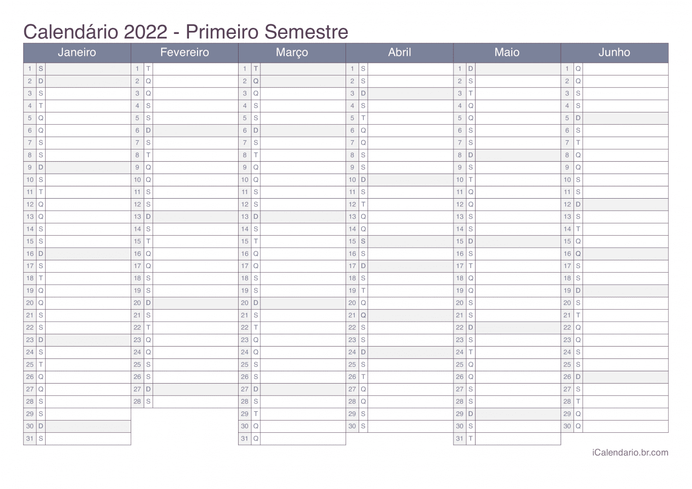 Calendário por semestre 2022 - Office