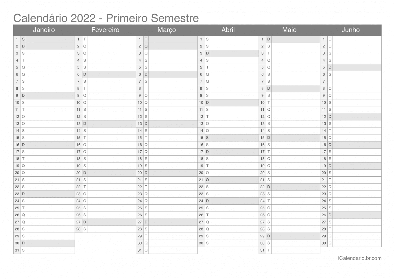 Calendário por semestre 2022