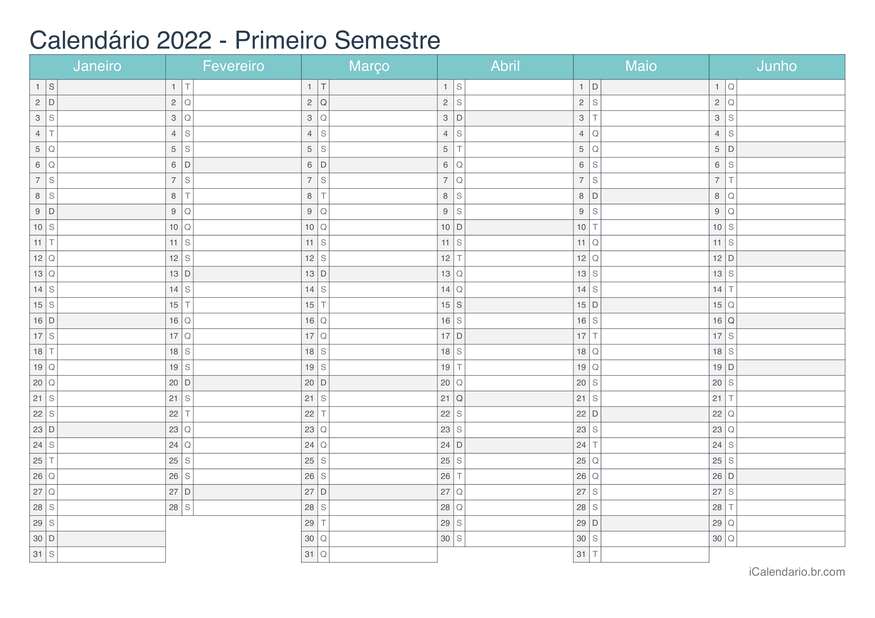 Calendário por semestre 2022 - Turquesa