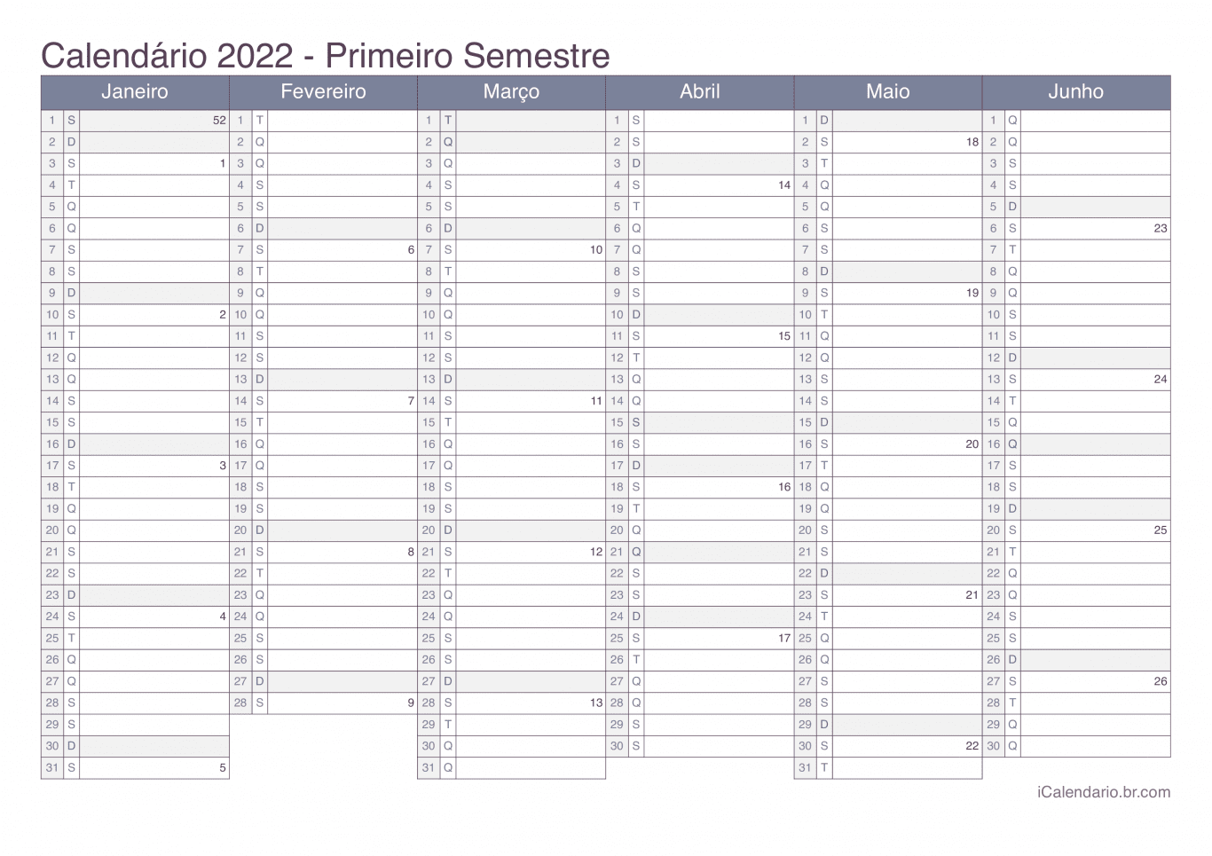 Calendário por semestre com números da semana 2022 - Office