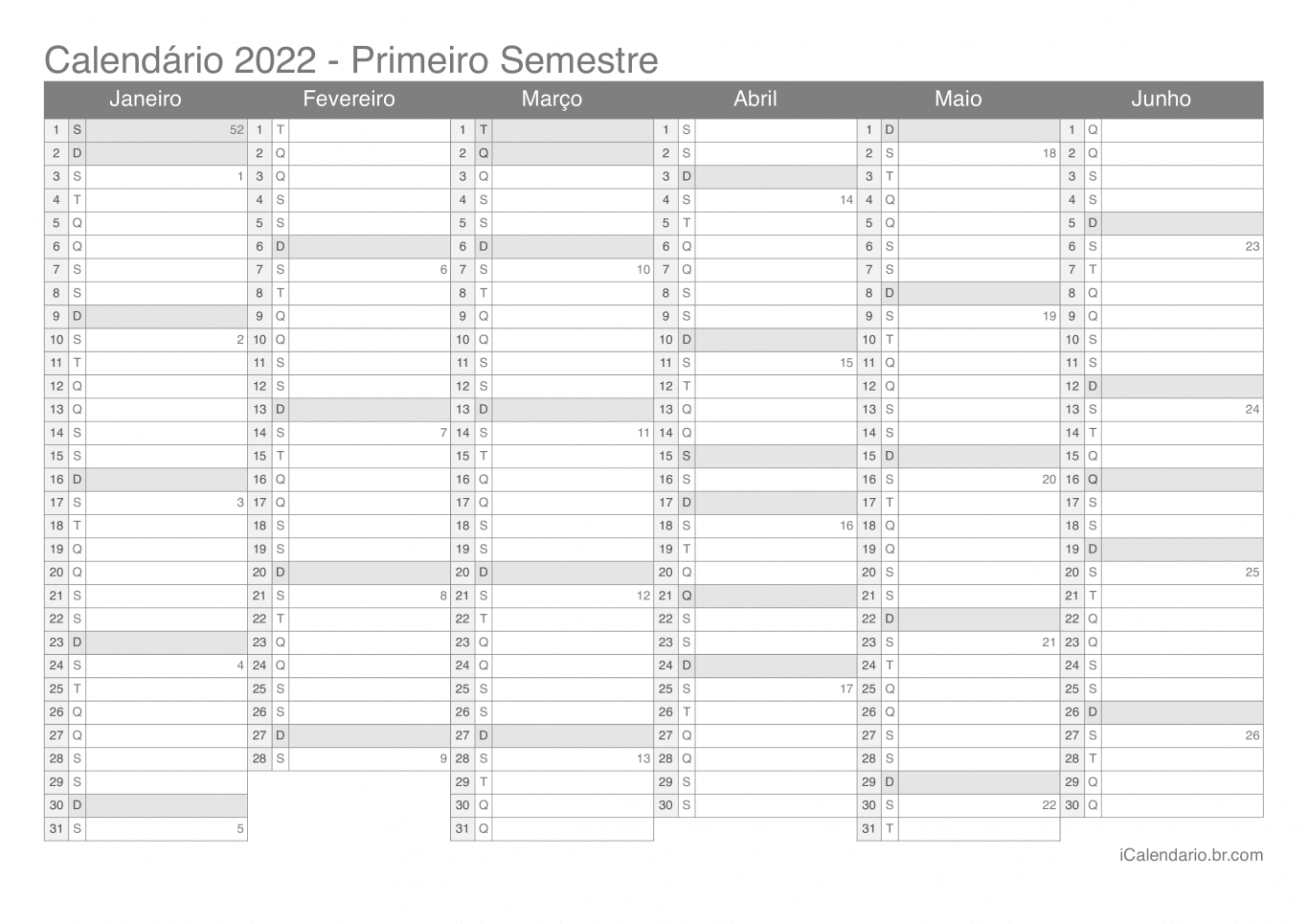 Calendário por semestre com números da semana 2022