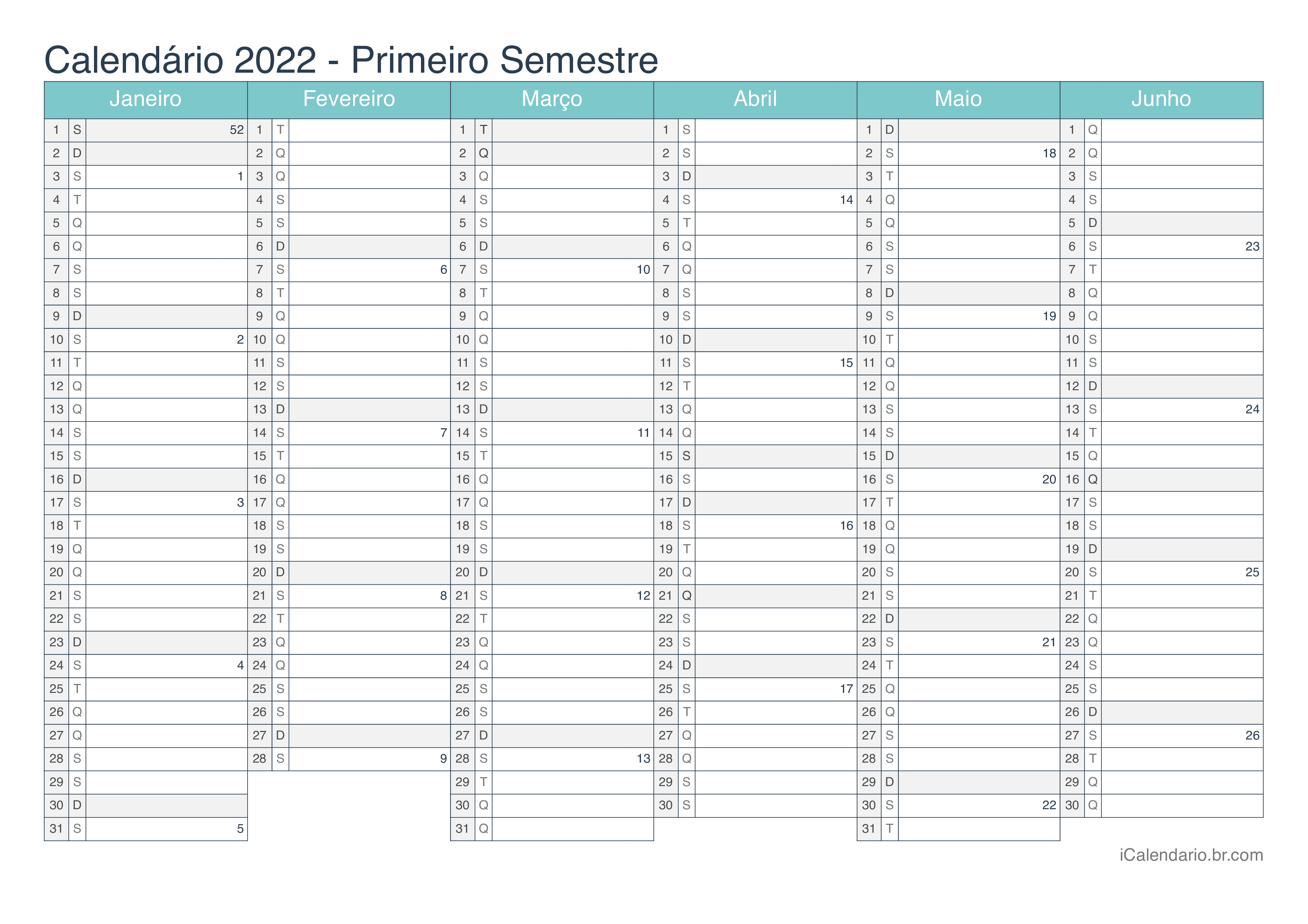 Calendário por semestre com números da semana 2022 - Turquesa