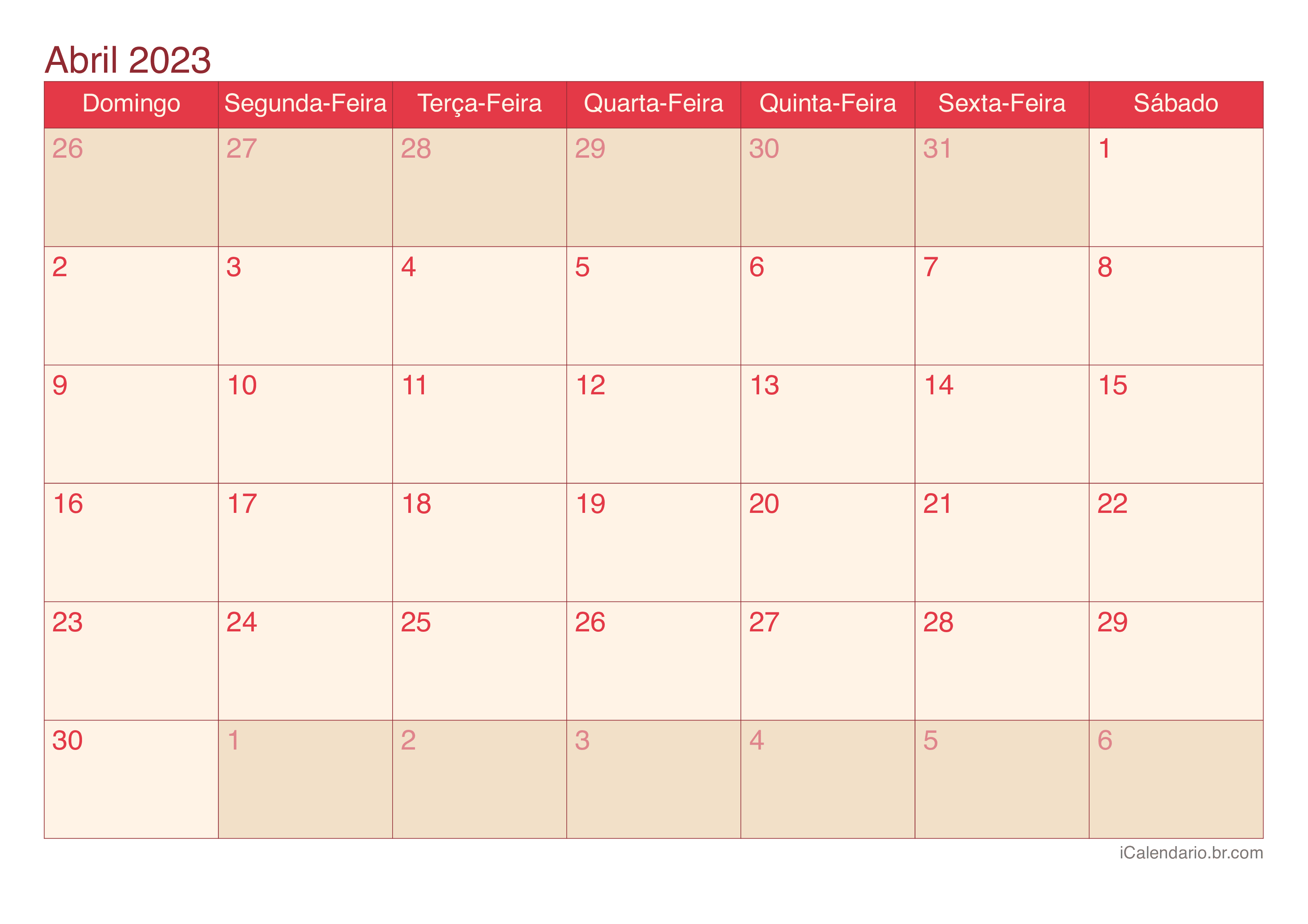 Calendário de abril 2023 - Cherry