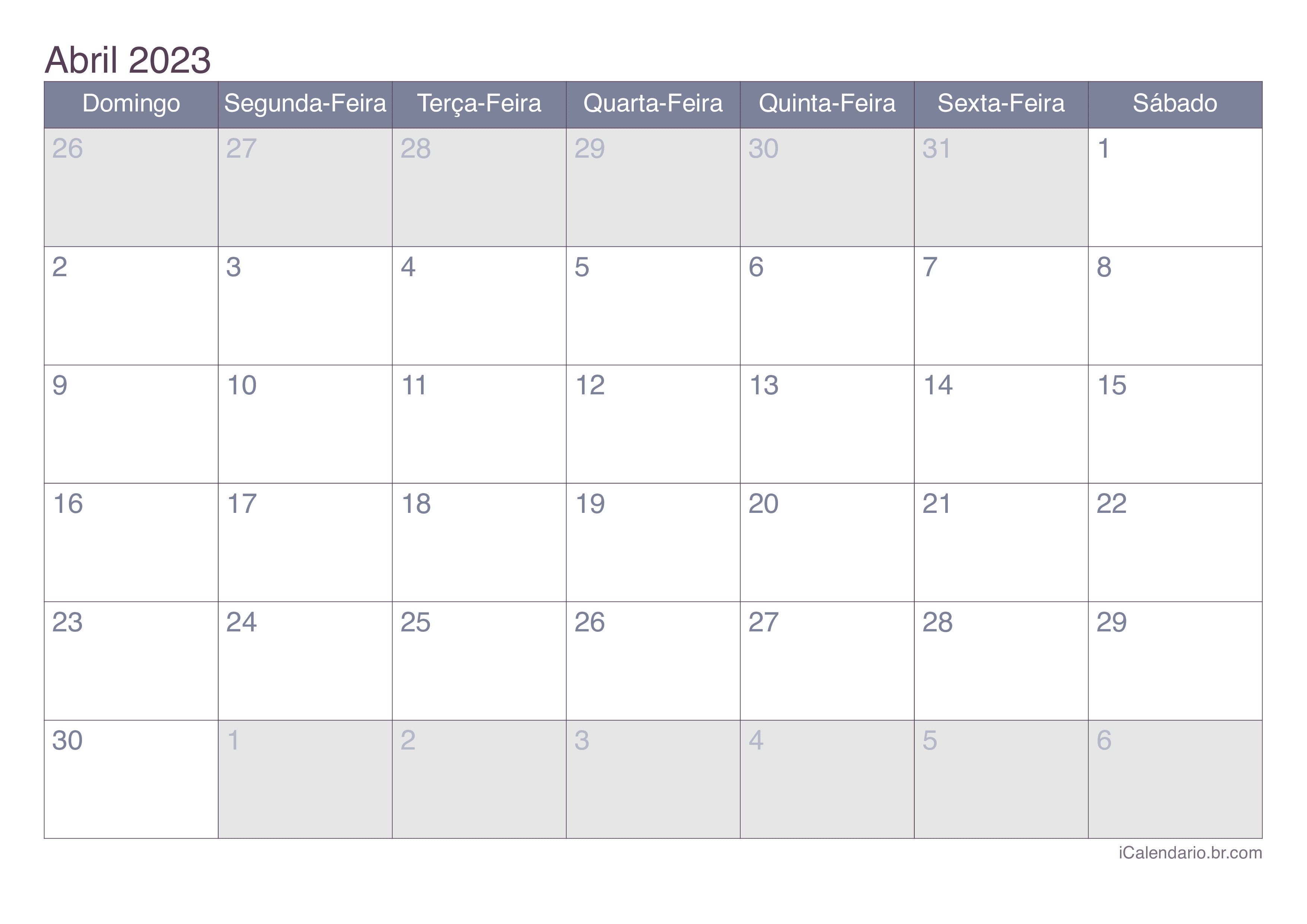 Calendário de abril 2023 - Office