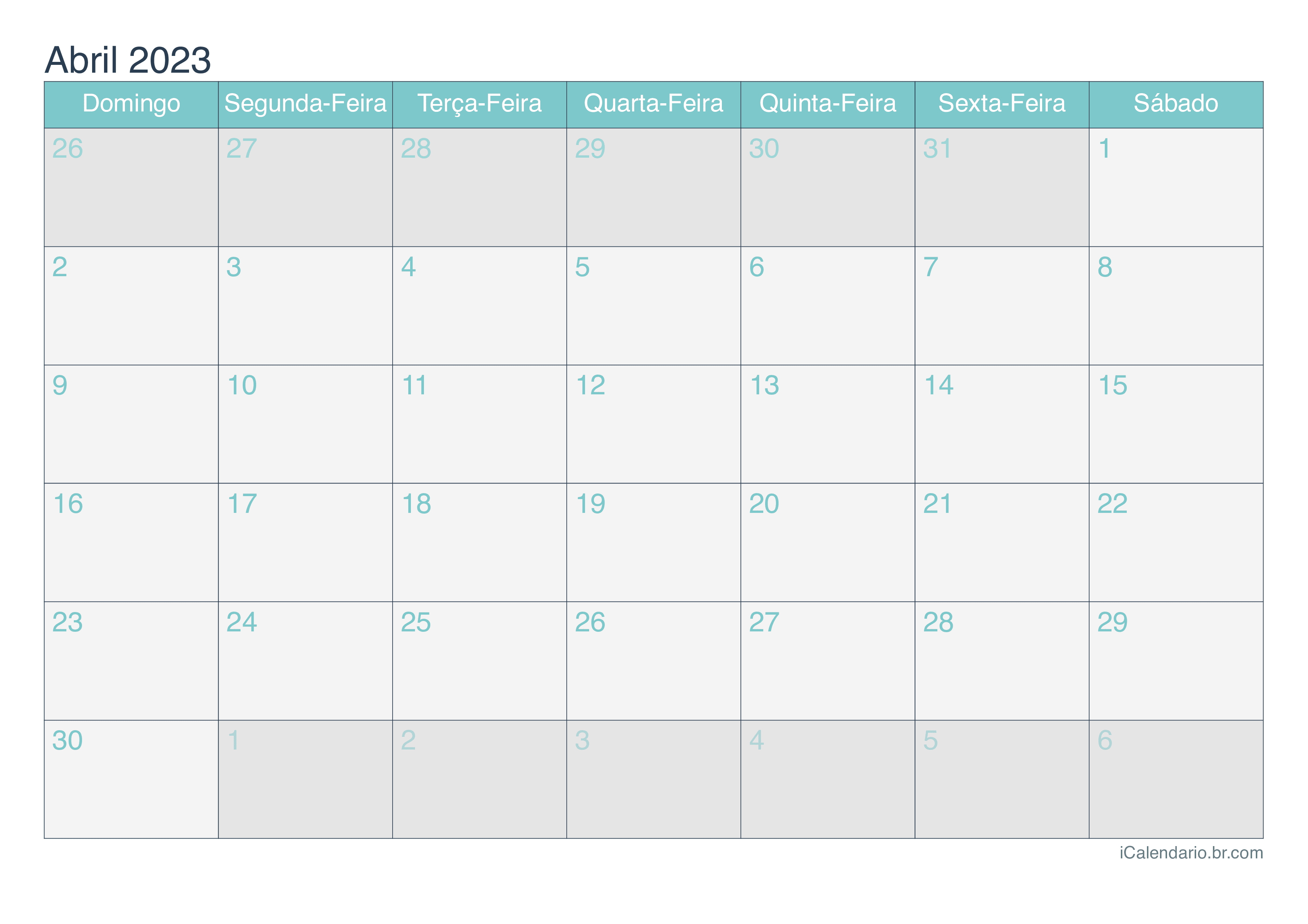 Calendário de abril 2023 - Turquesa