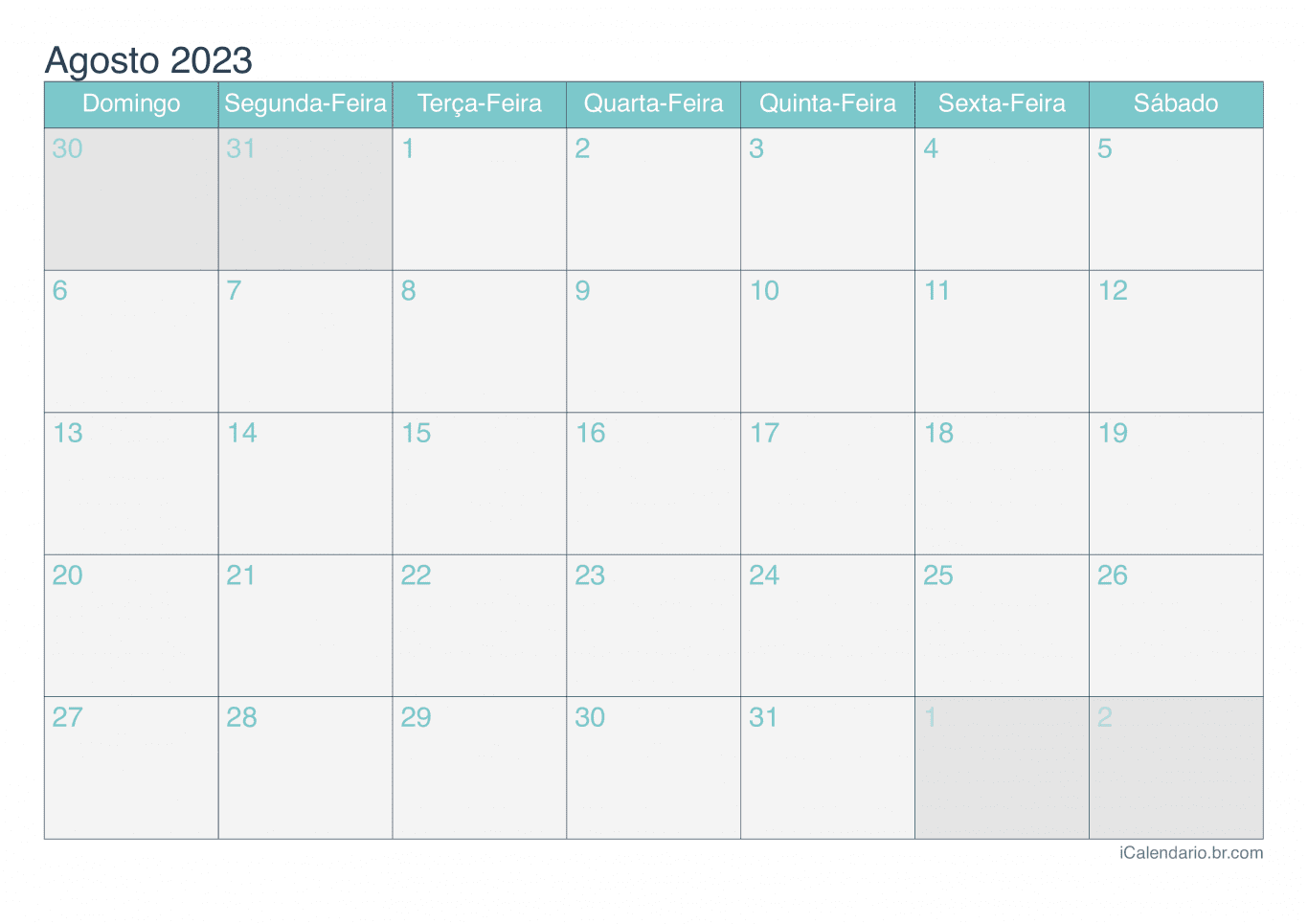 Calendário de agosto 2023 - Turquesa