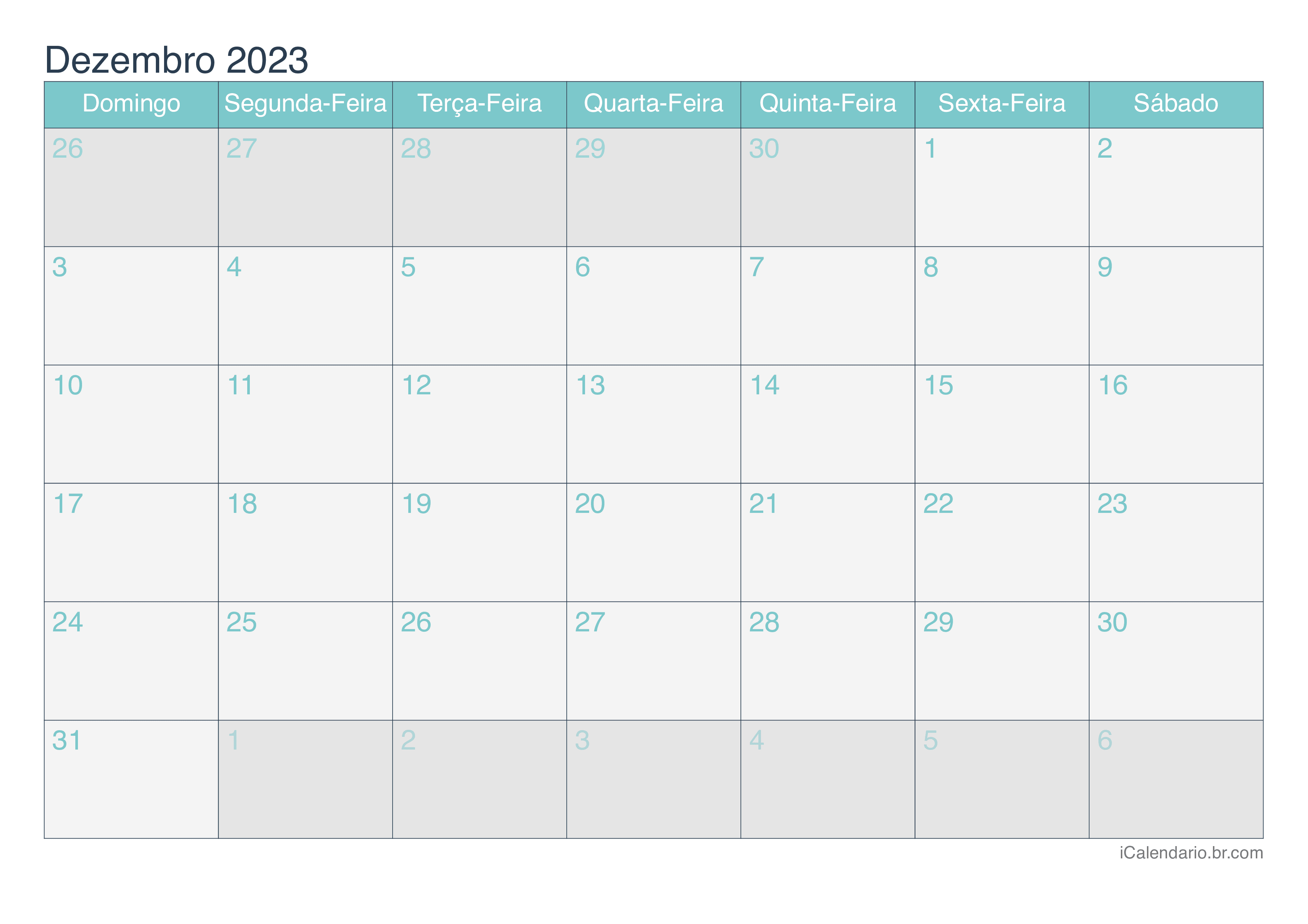 Calendário de dezembro 2023 - Turquesa