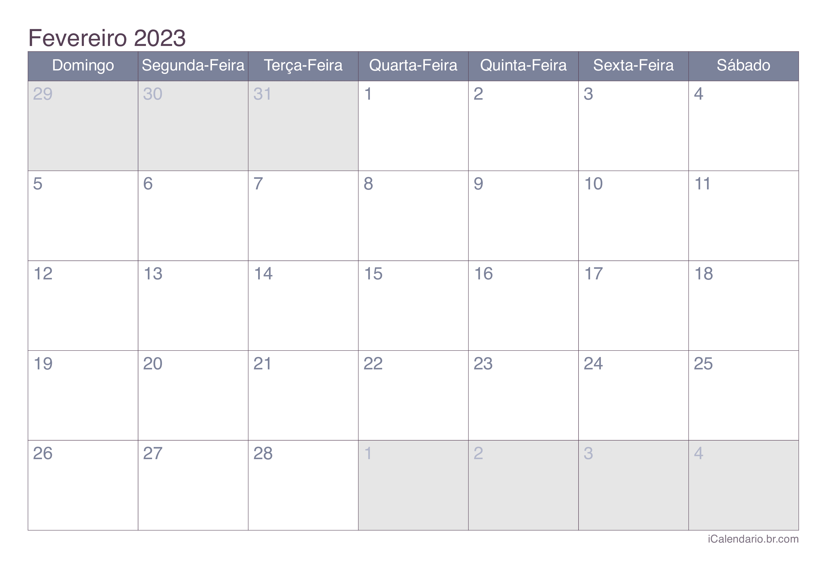 Calendário de fevereiro 2023 - Office