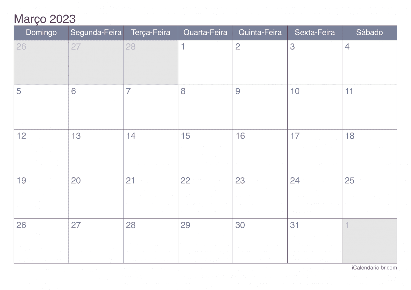 Calendário de março 2023 - Office