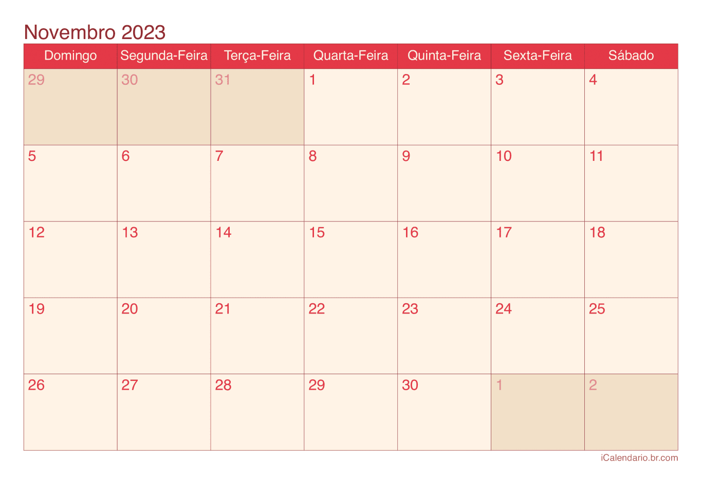 Calendário de novembro 2023 - Cherry