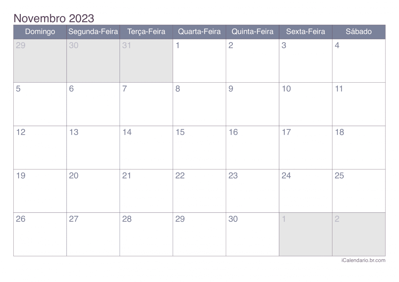 Calendário de novembro 2023 - Office