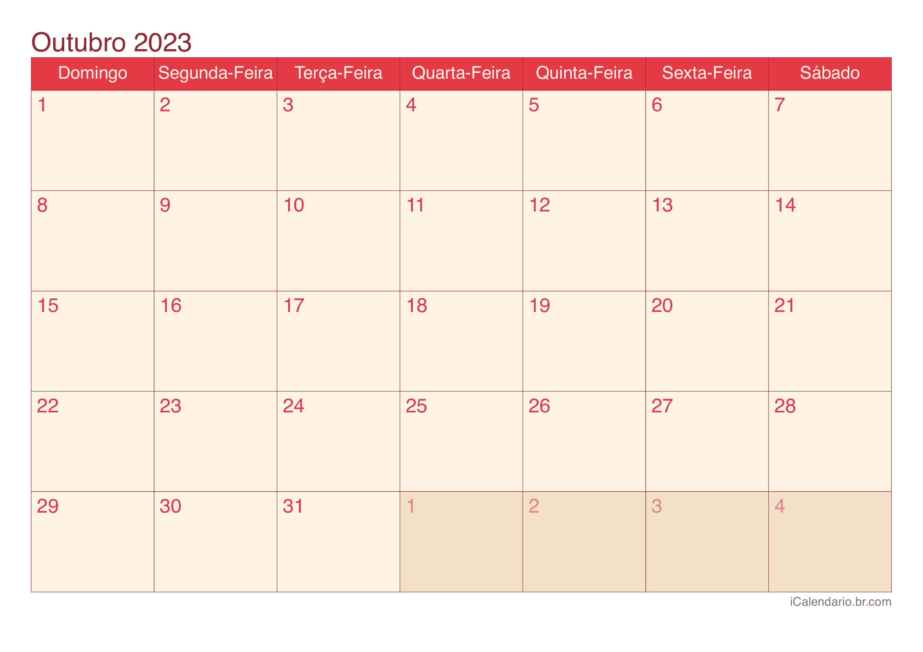 Calendário de outubro 2023 - Cherry