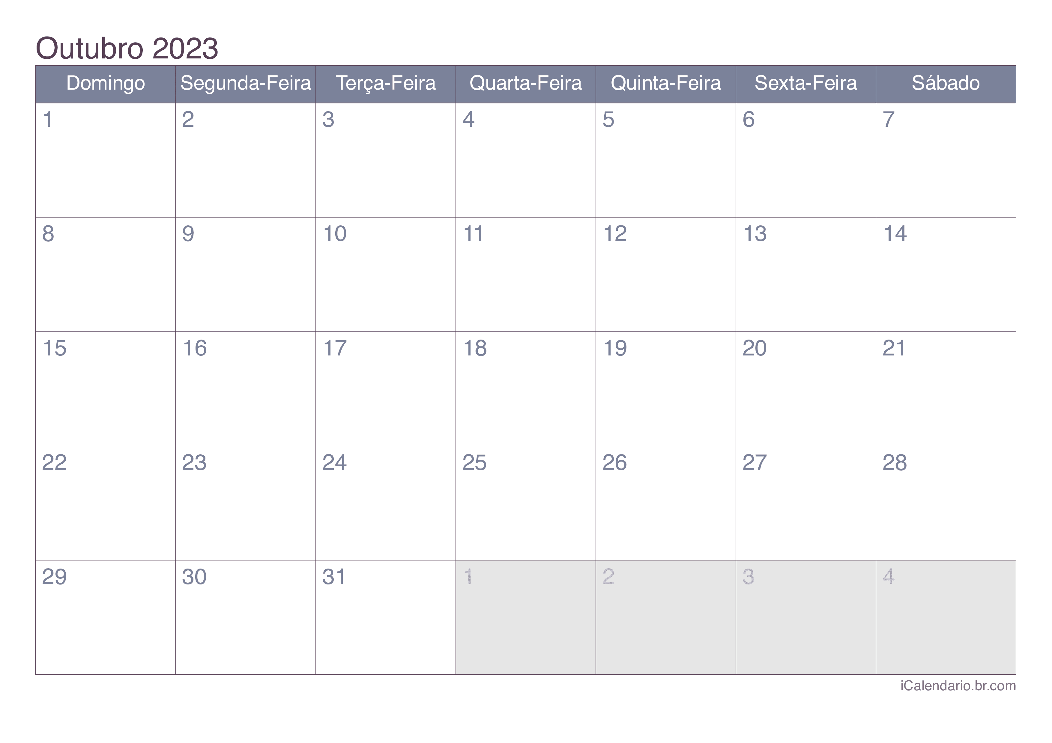 Calendário de outubro 2023 - Office