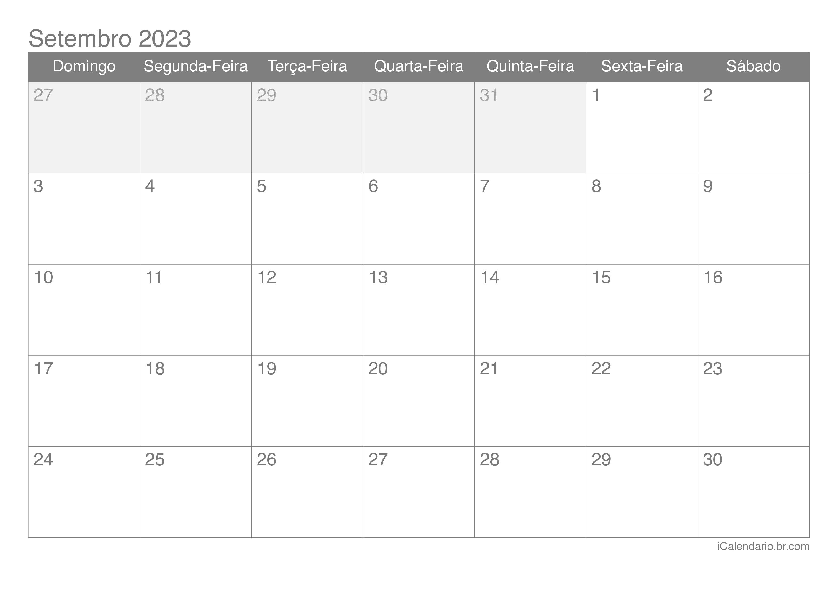 Calendário de setembro 2023