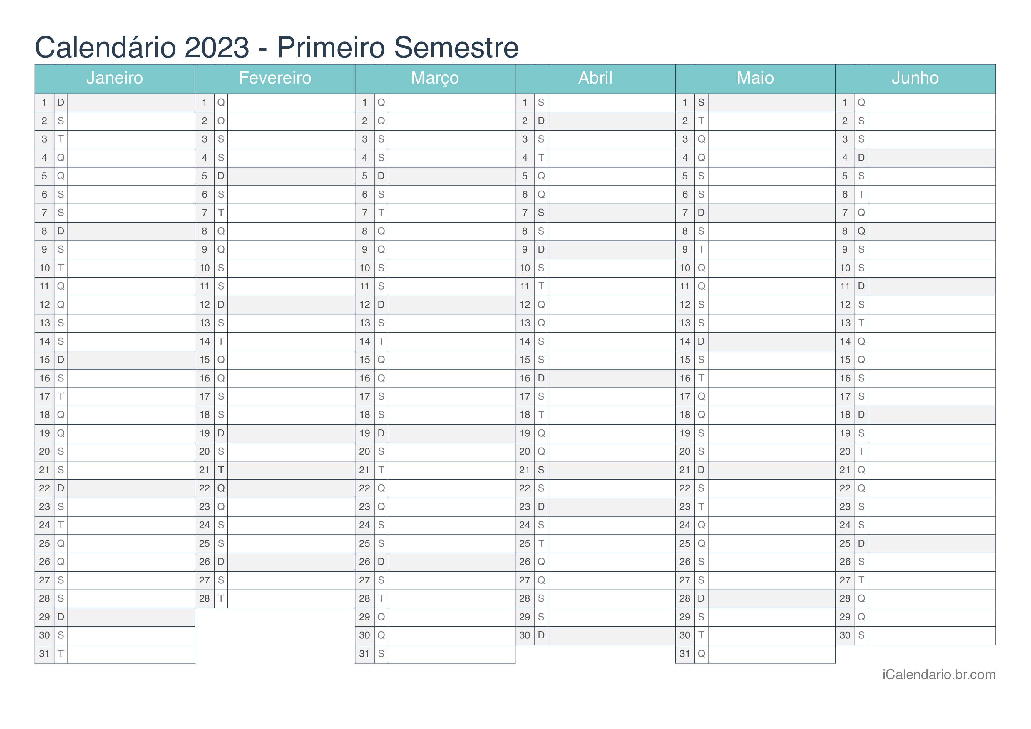 Calendário por semestre 2023 - Turquesa