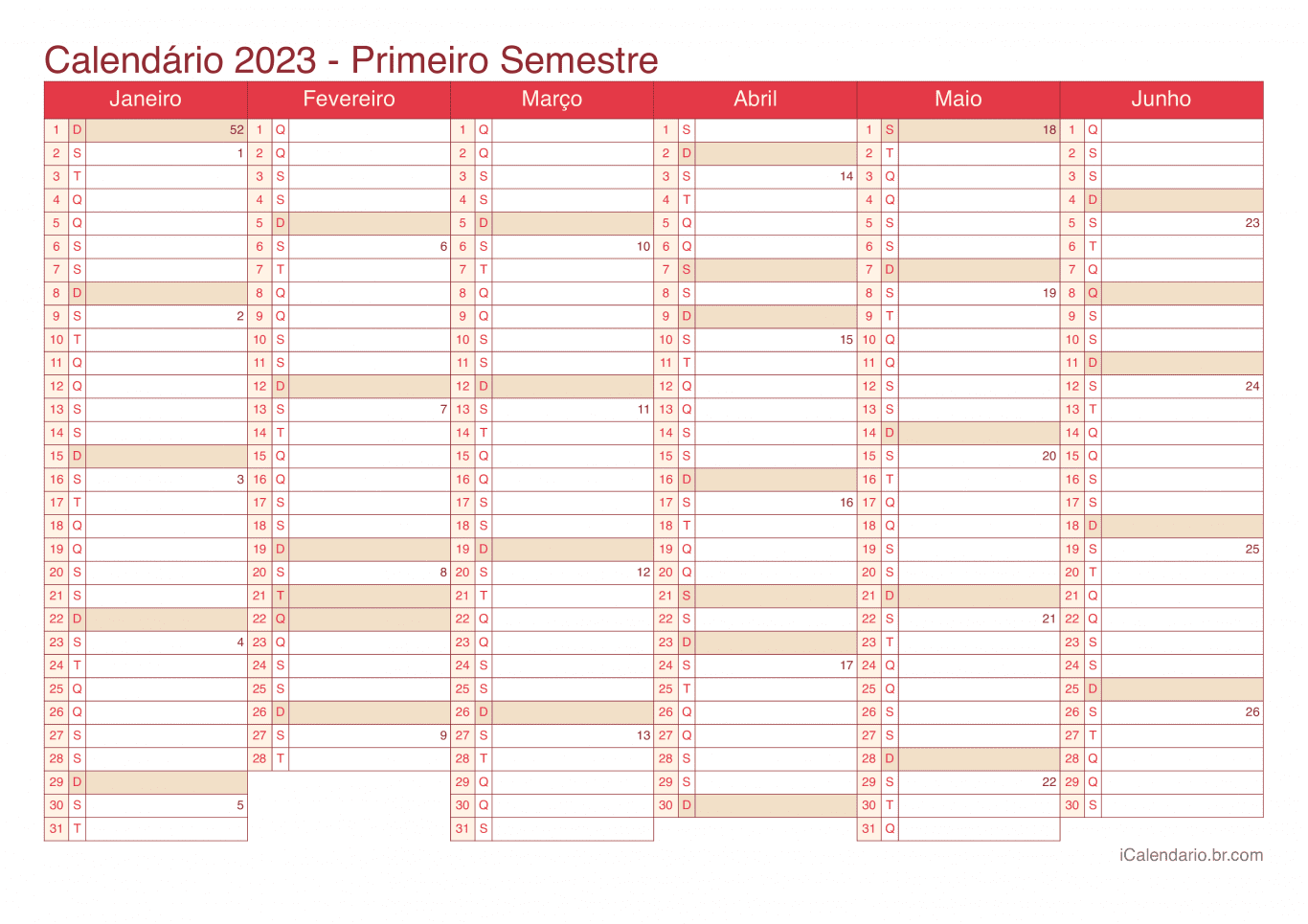 Calendário por semestre com números da semana 2023 - Cherry