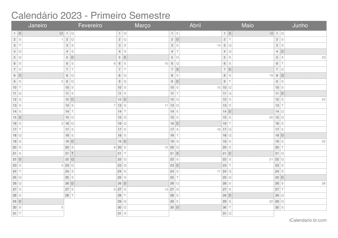 Calendário por semestre com números da semana 2023
