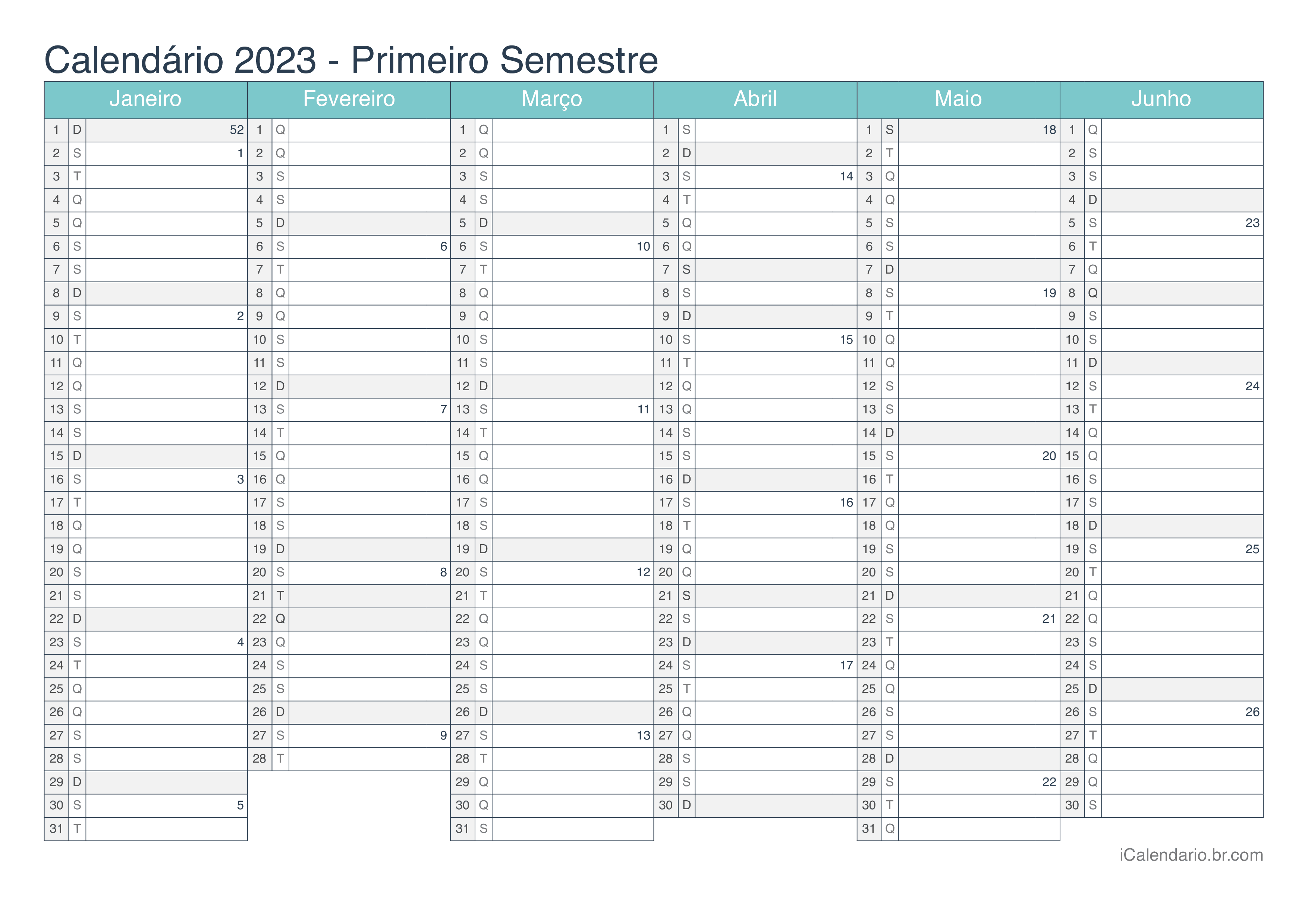 Calendário por semestre com números da semana 2023 - Turquesa