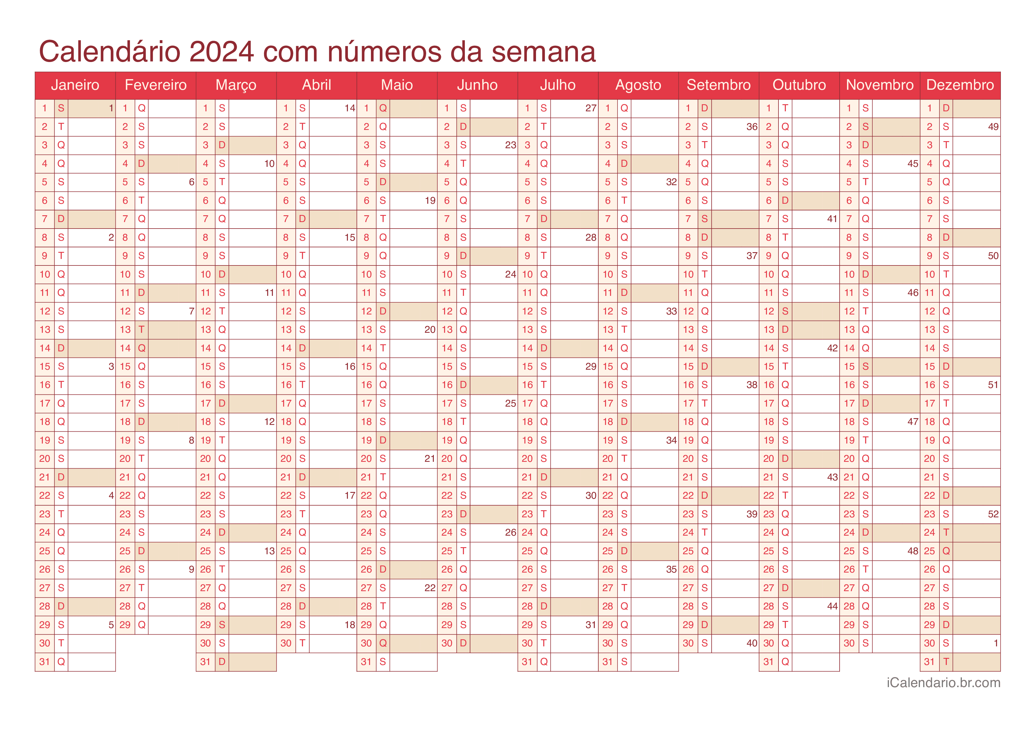 Calendário 2024 com números da semana - Cherry