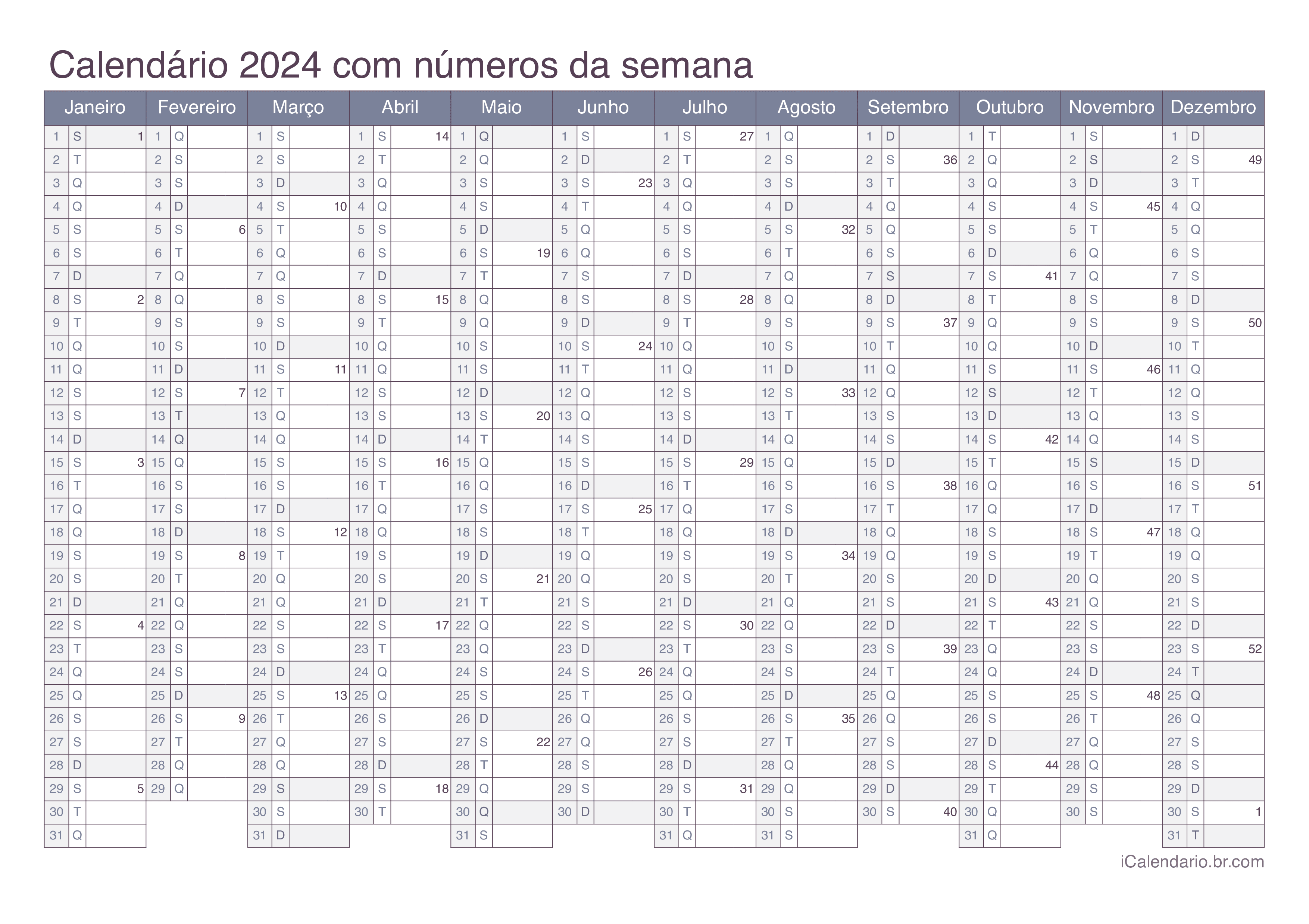 Calendário 2024 com números da semana - Office