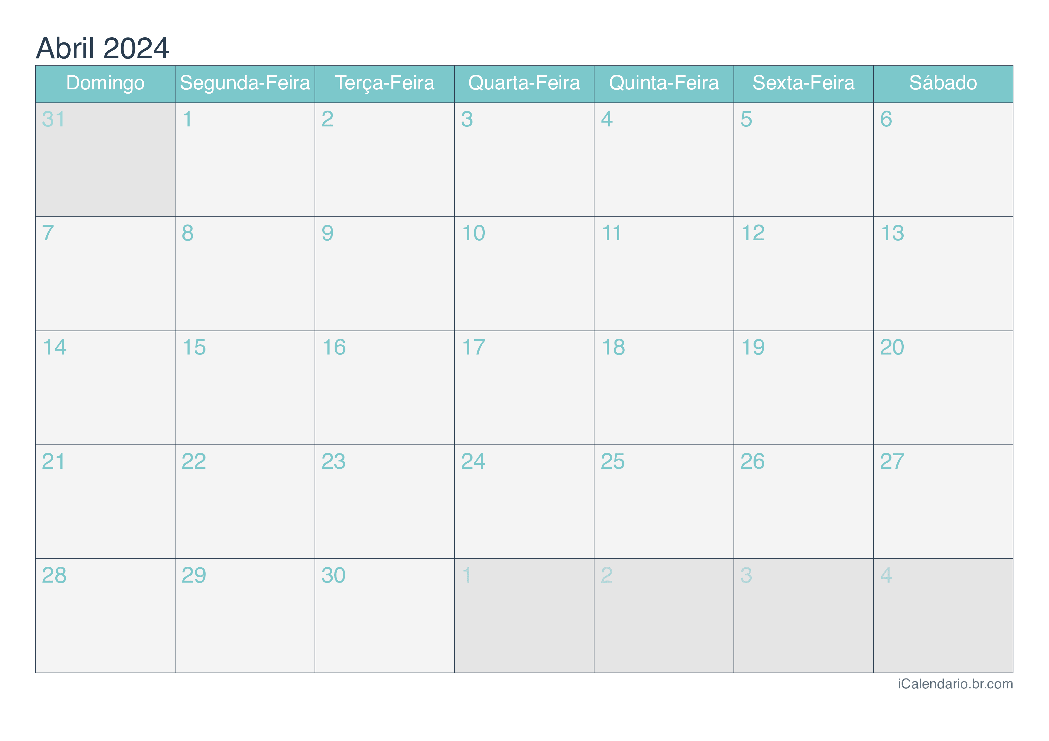 Calendário de abril 2024 - Turquesa