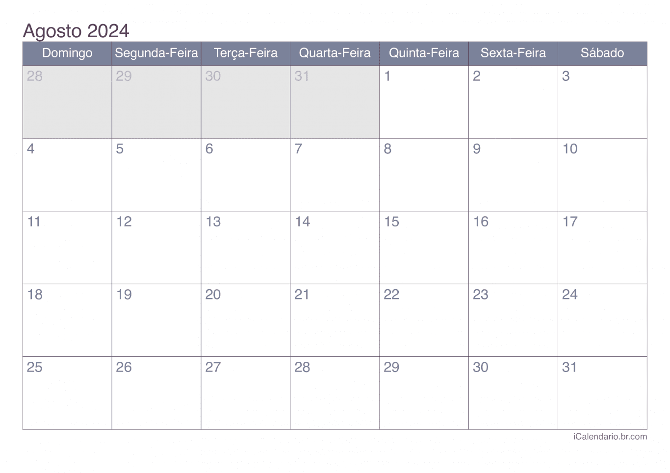 Calendário de agosto 2024 - Office