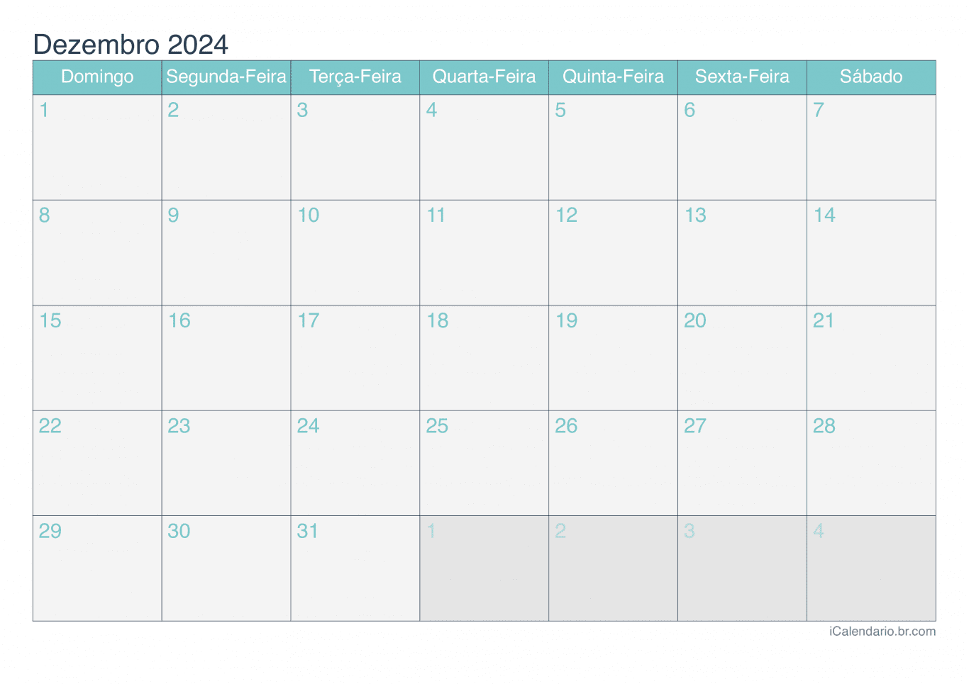 Calendário de dezembro 2024 - Turquesa