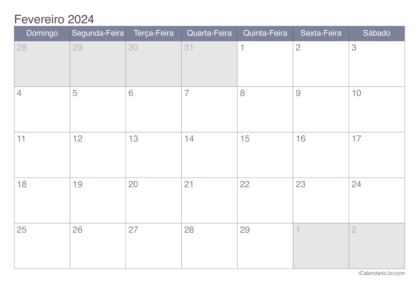 Calendário de fevereiro 2024 - Office