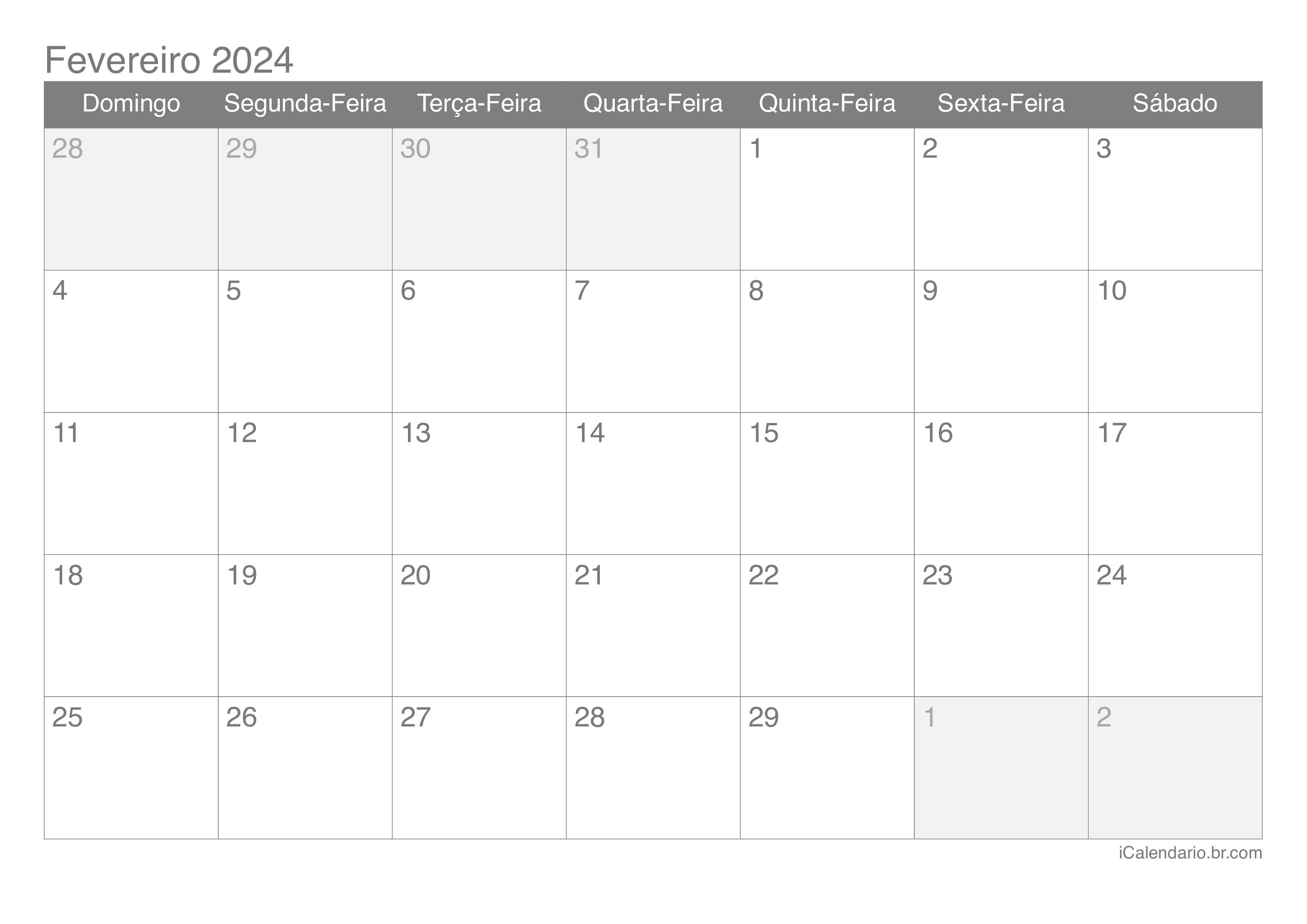 Calendário de fevereiro 2024