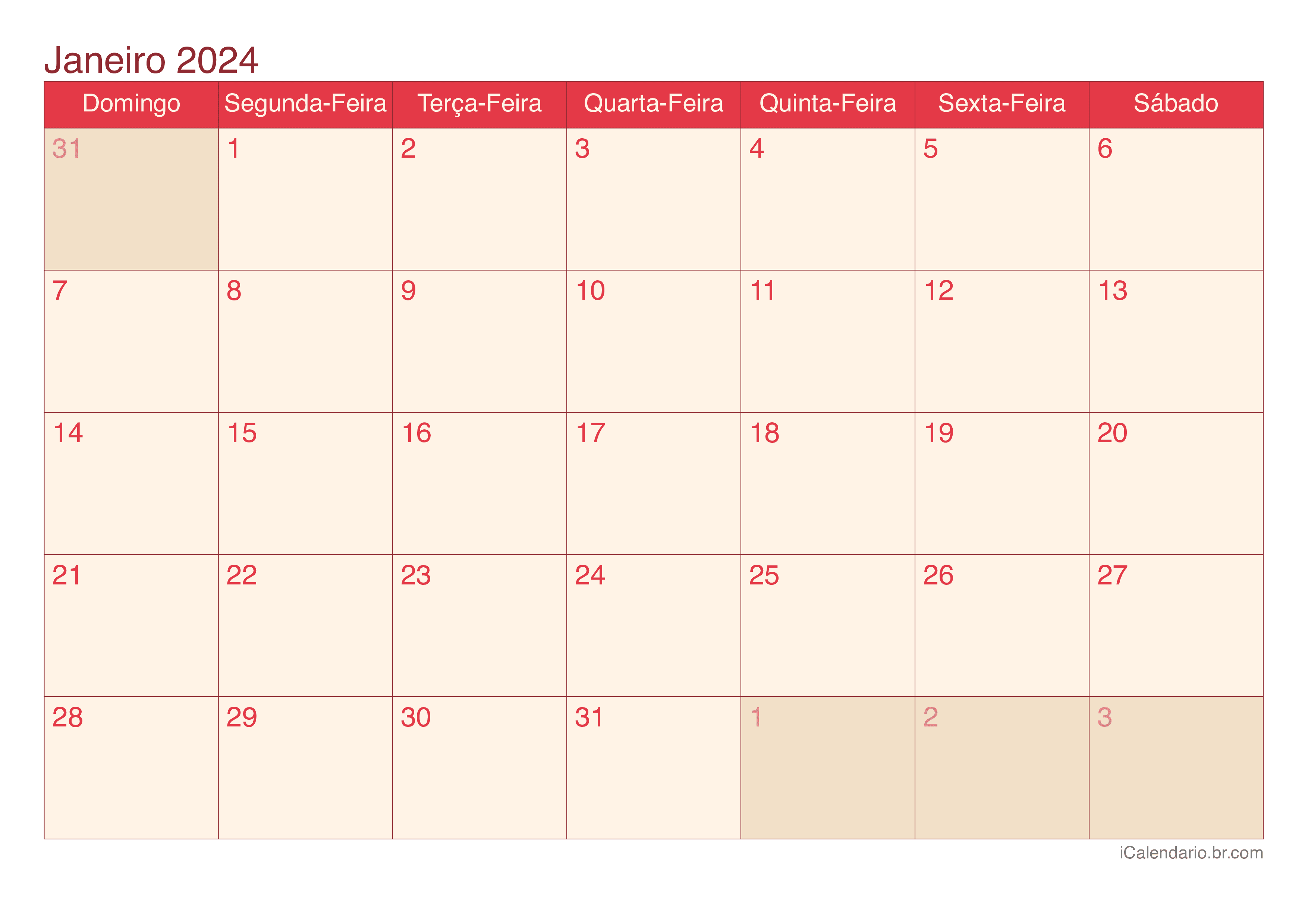 Calendário de janeiro 2024 - Cherry