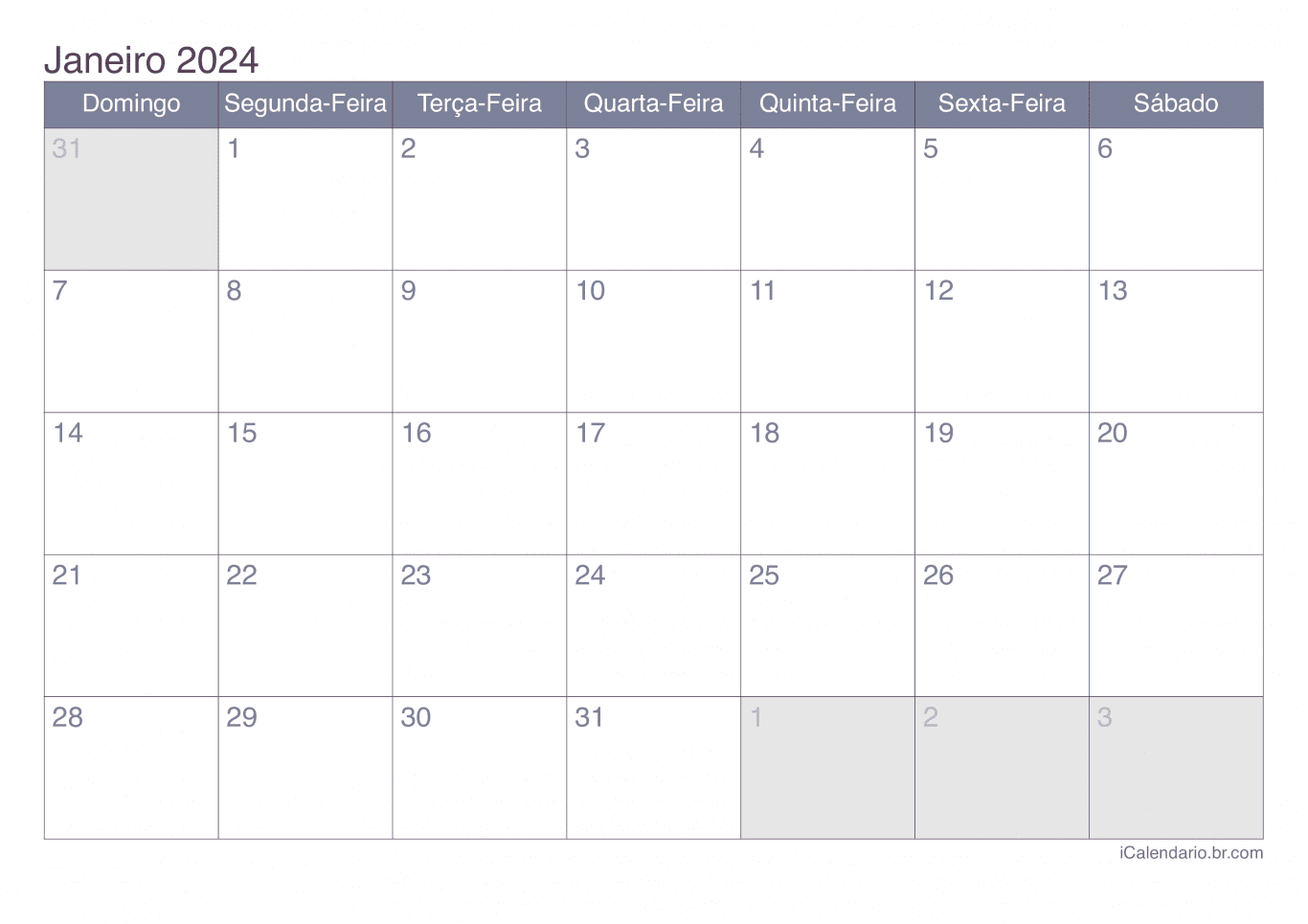 Calendário de janeiro 2024 - Office