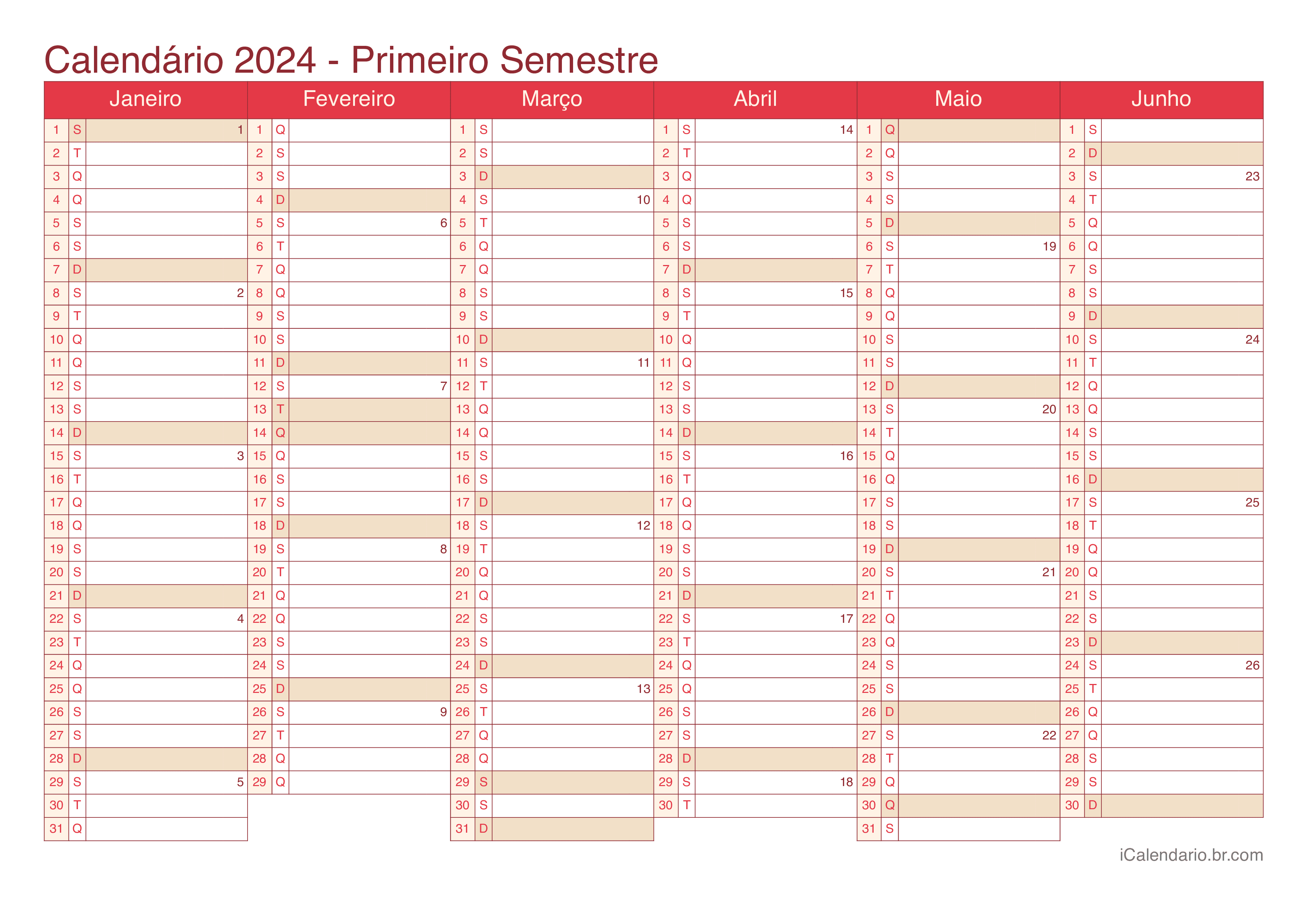 Calendário por semestre com números da semana 2024 - Cherry