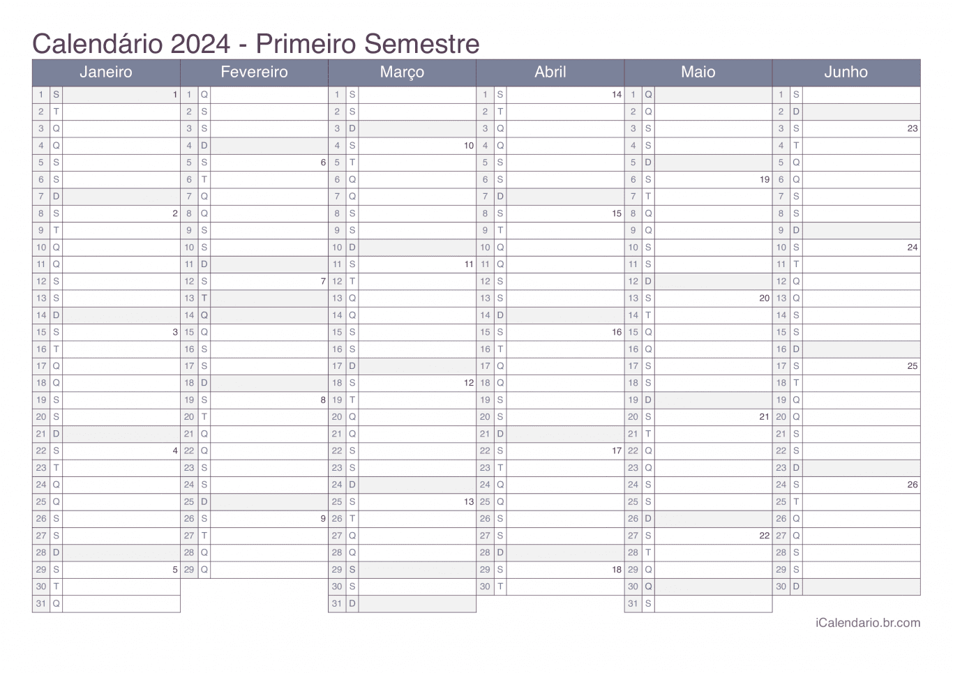 Calendário por semestre com números da semana 2024 - Office