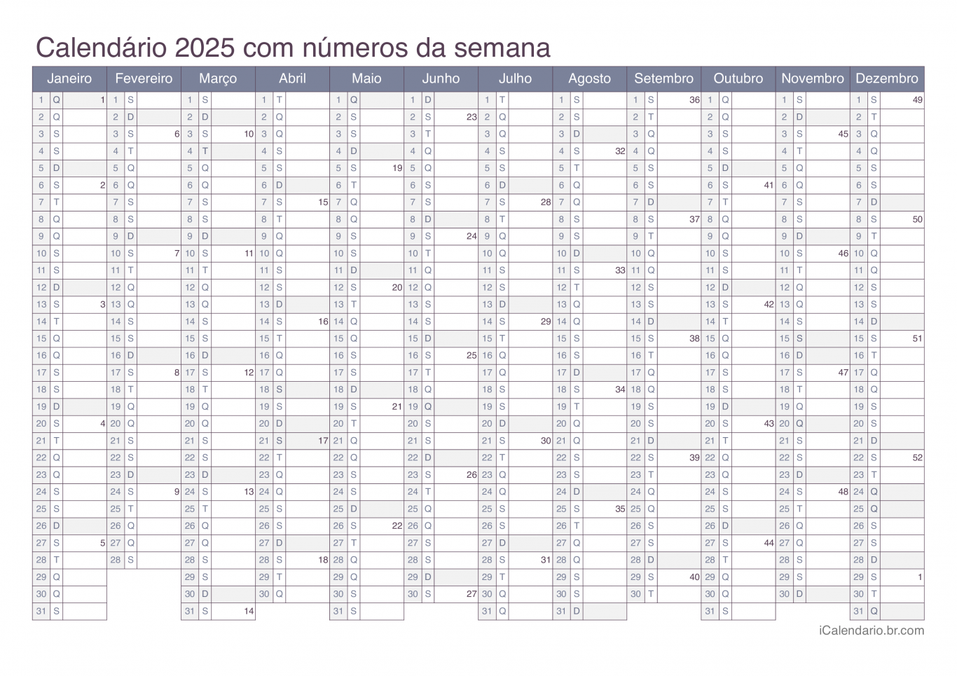 Calendário 2025 com números da semana - Office