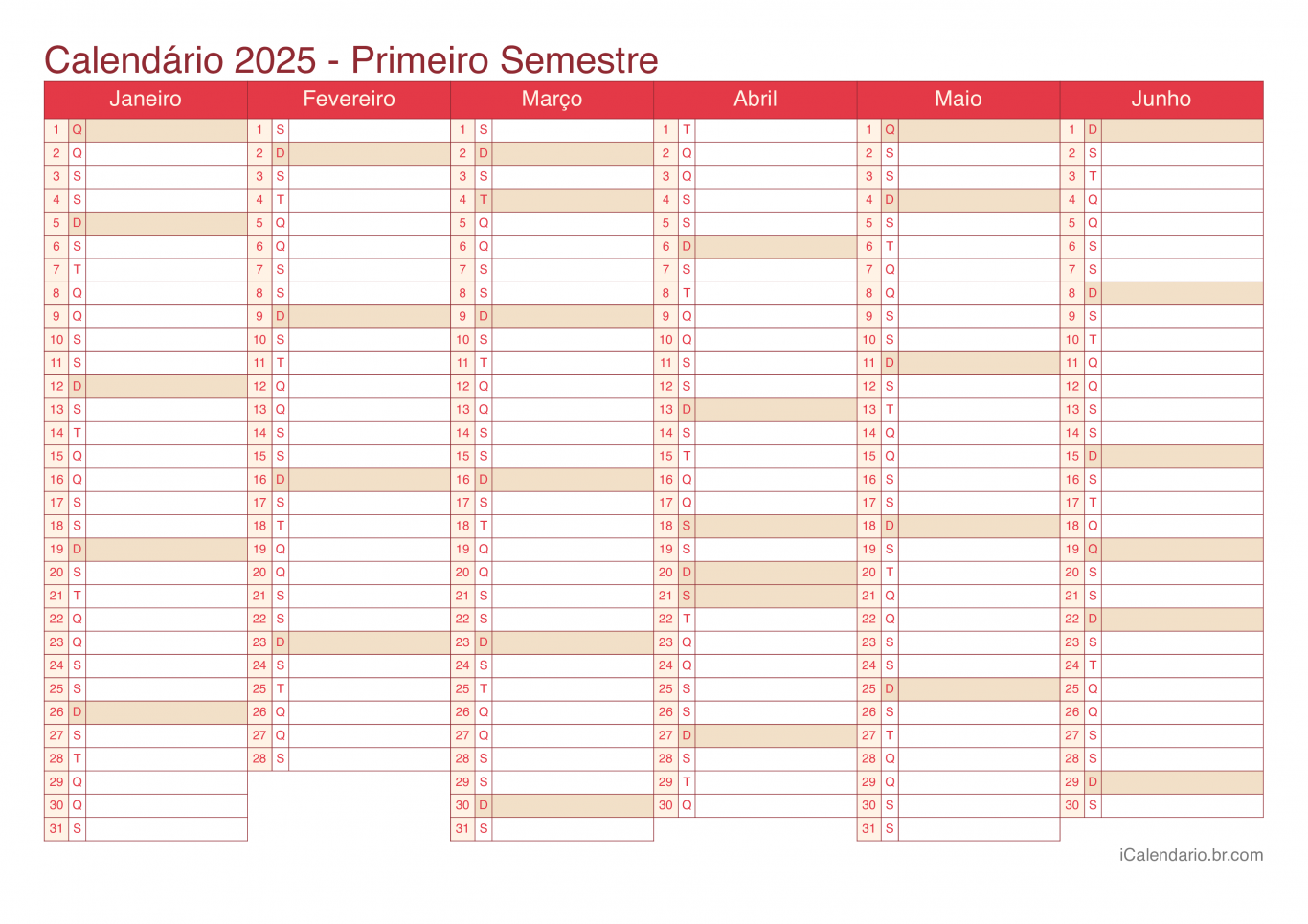 Calendário por semestre 2025 - Cherry