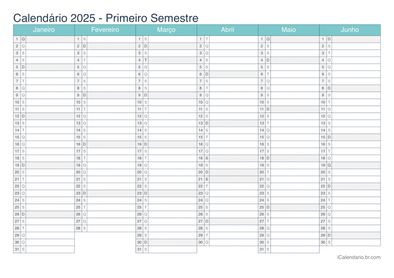 Calendário por semestre 2025 - Turquesa