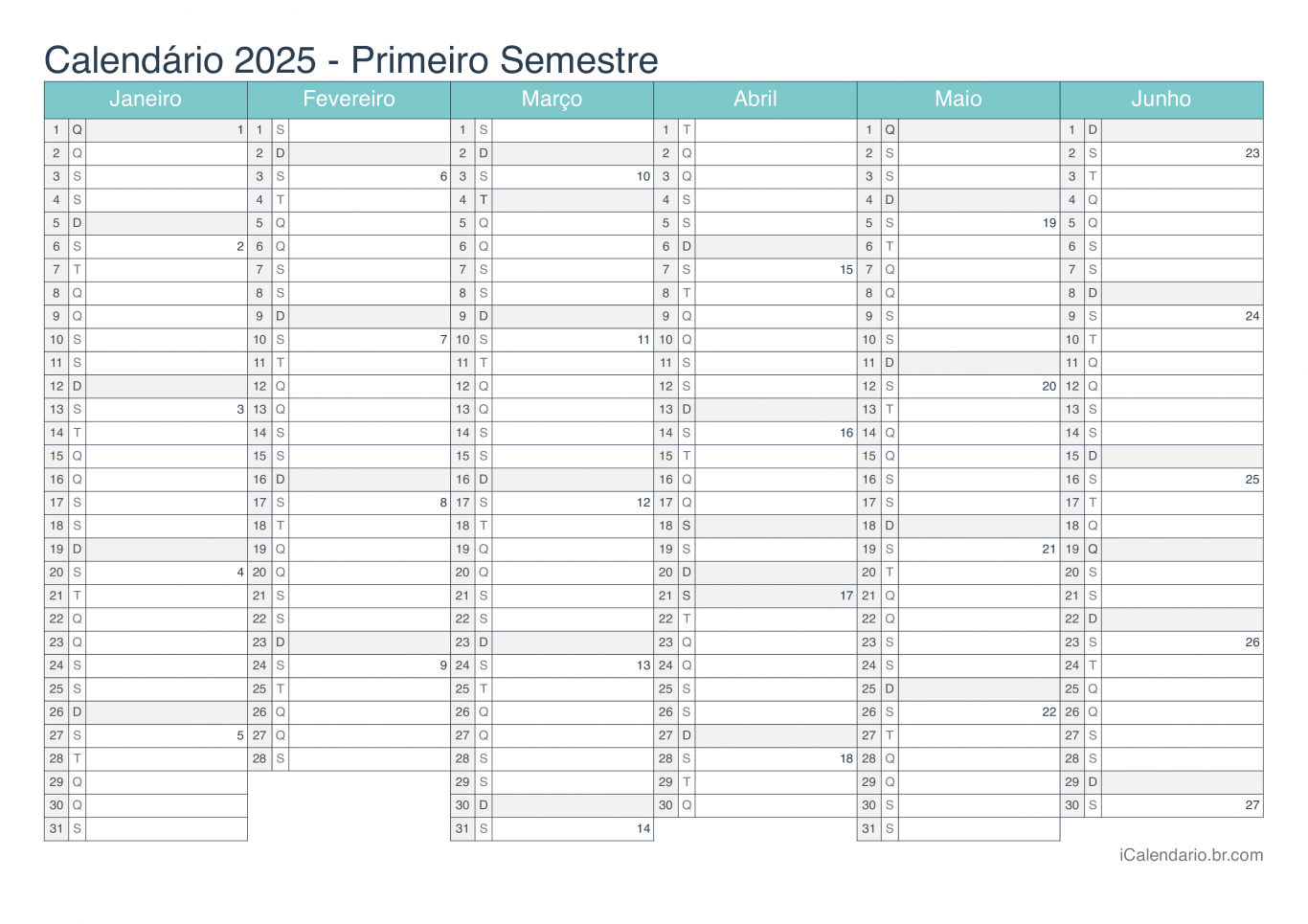 Calendário por semestre com números da semana 2025 - Turquesa