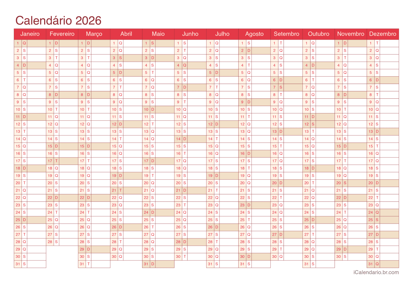 Calendário 2026 - Cherry