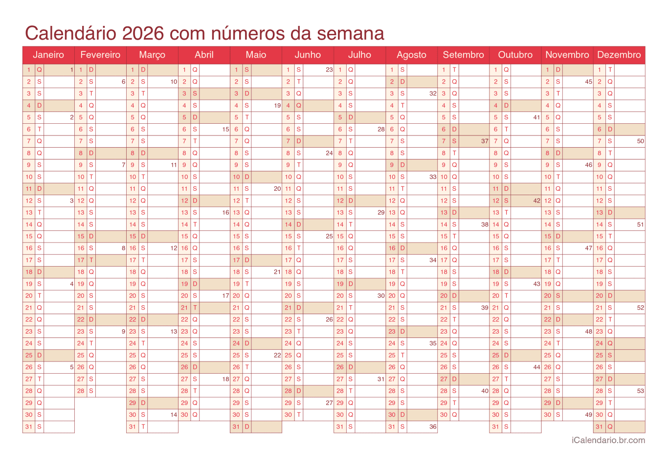 Calendário 2026 com números da semana - Cherry